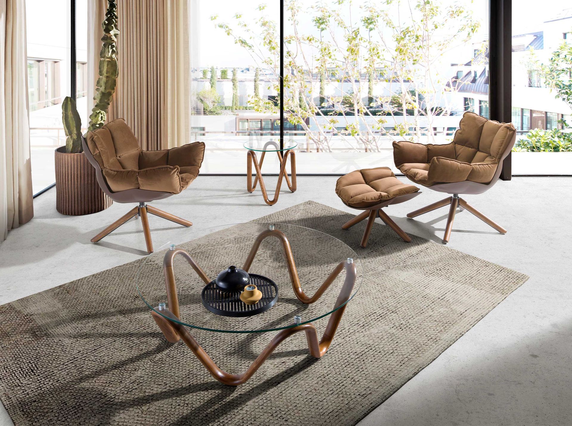Round tempered glass and walnut corner table