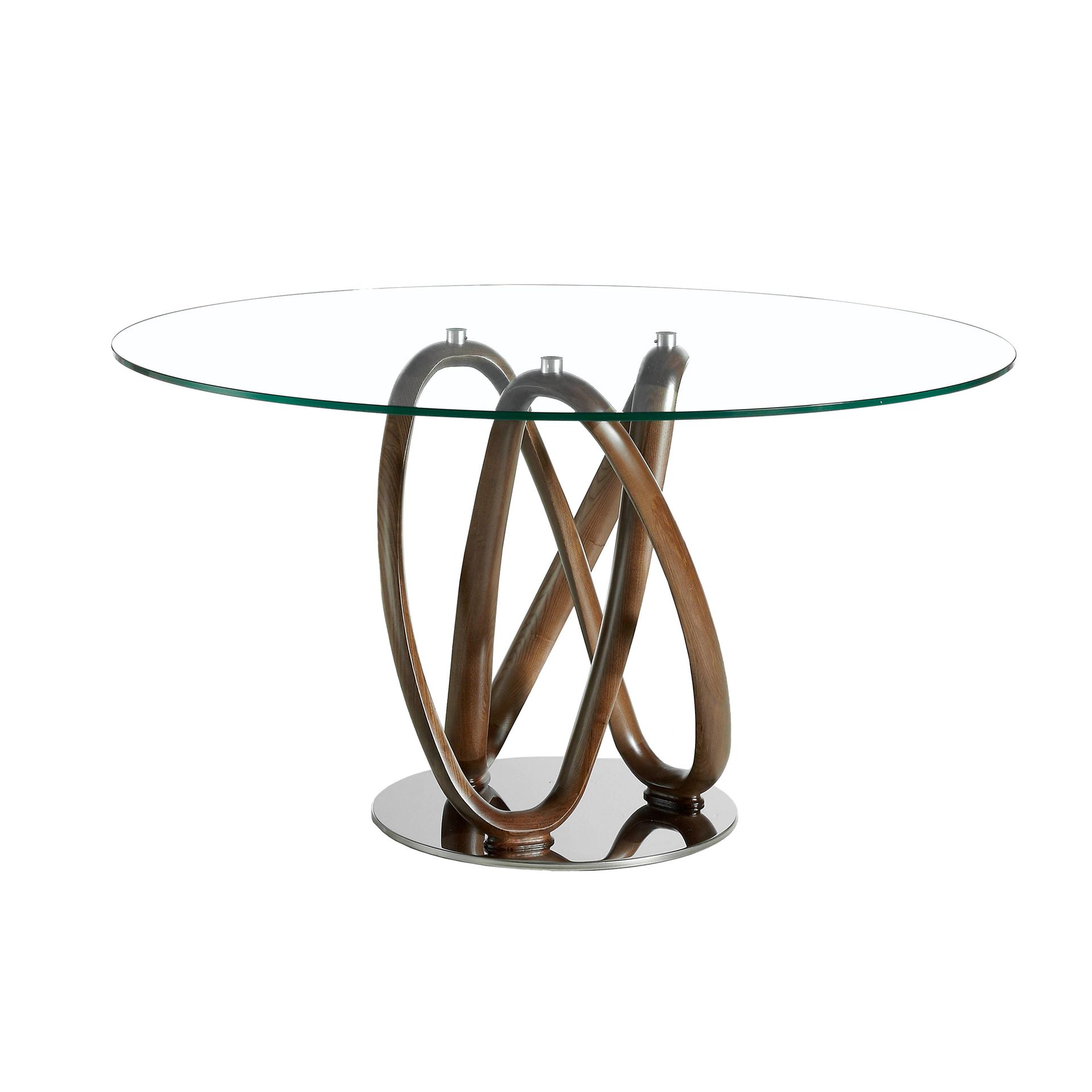 Round tempered glass and walnut dining table