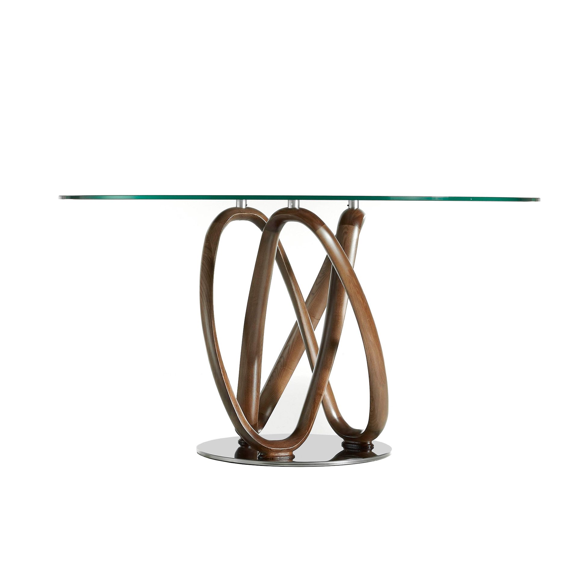 Round tempered glass and walnut dining table