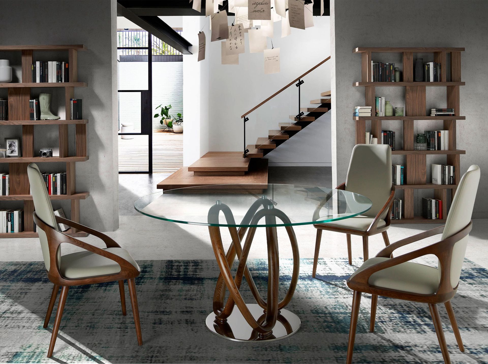 Round tempered glass and walnut dining table