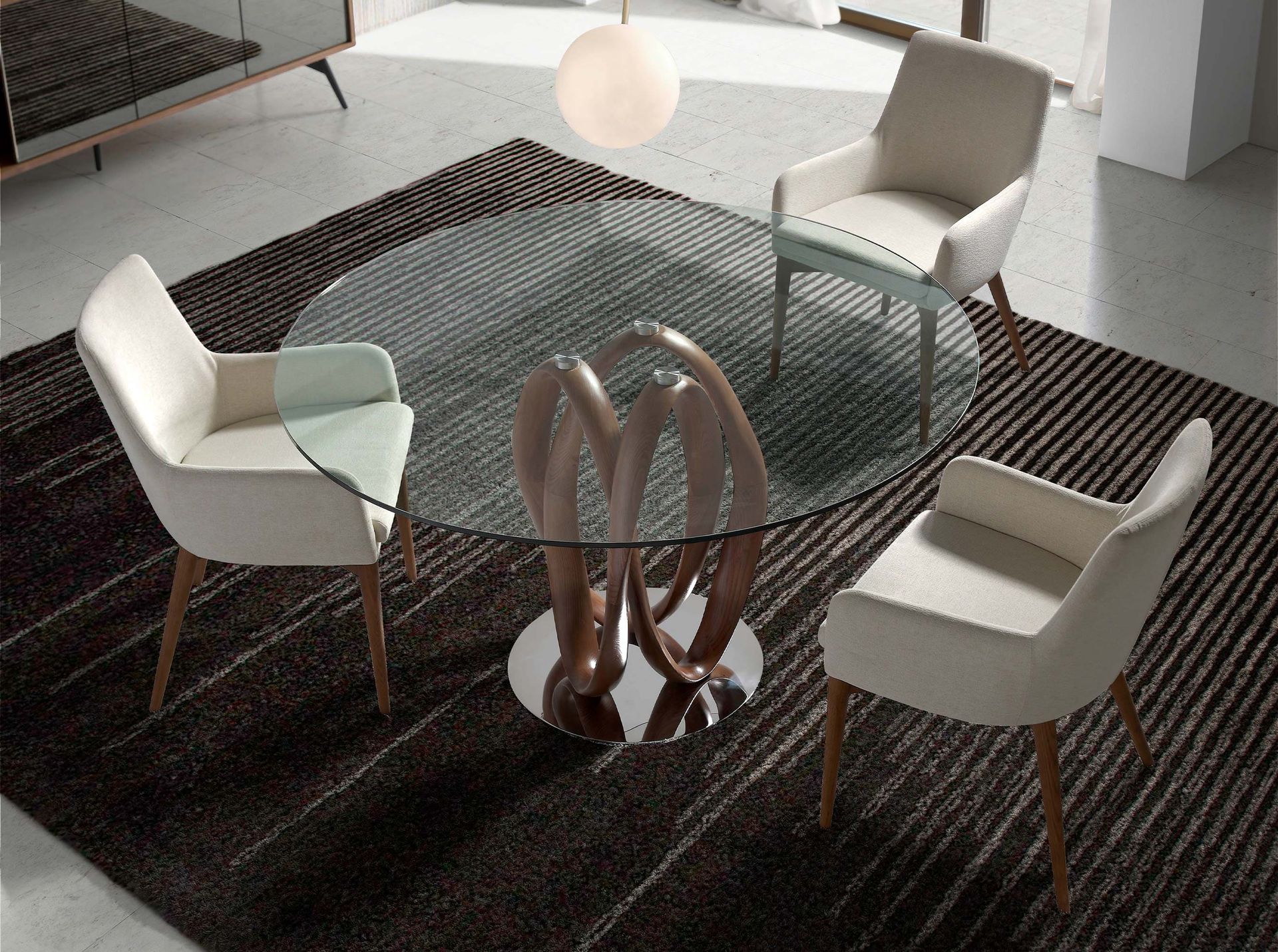 Round tempered glass and walnut dining table