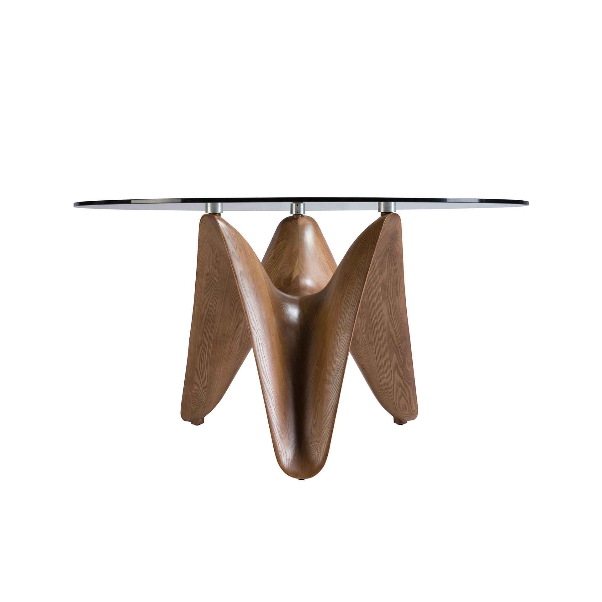 Round tempered glass and walnut dining table