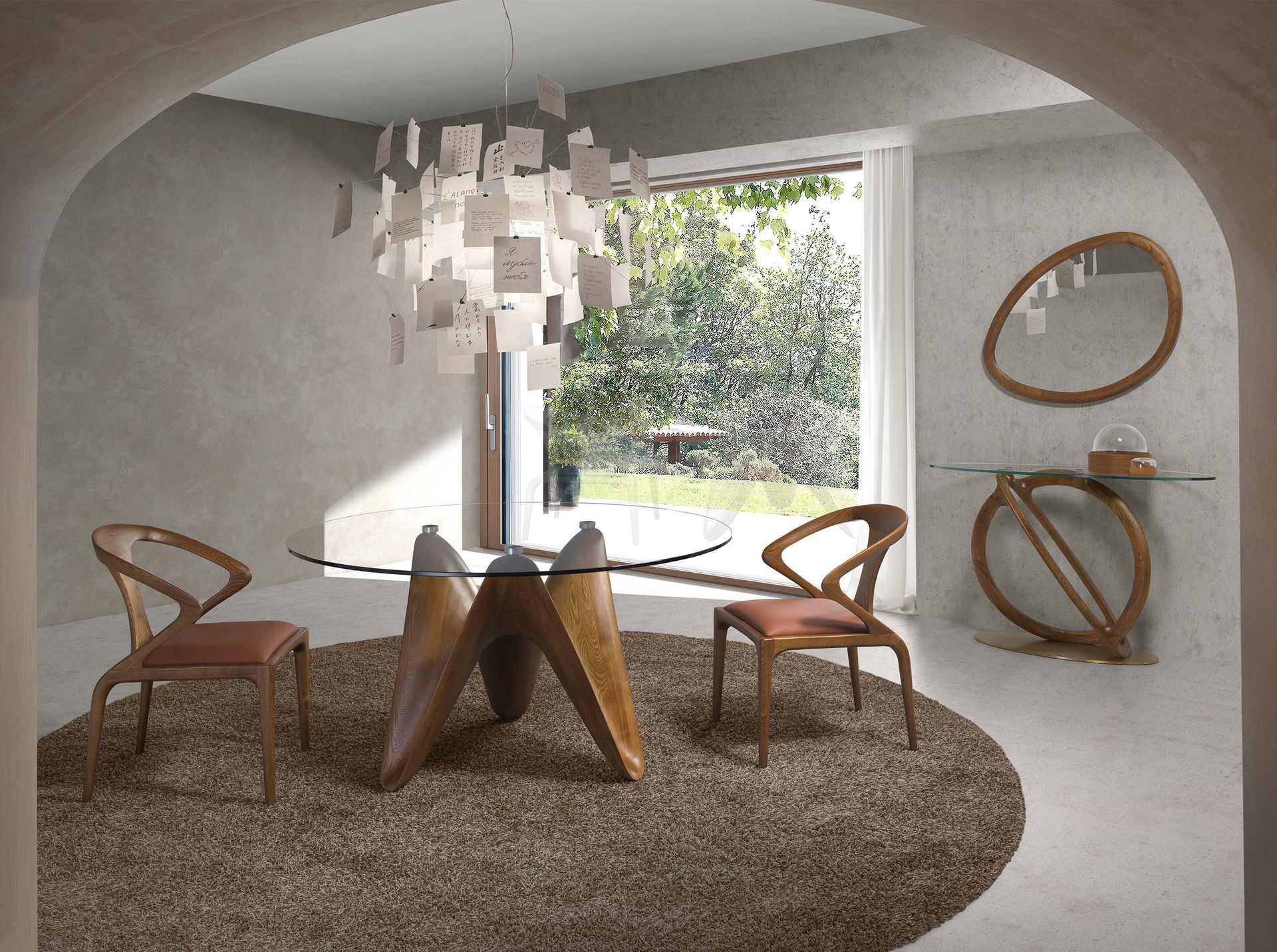 Round tempered glass and walnut dining table