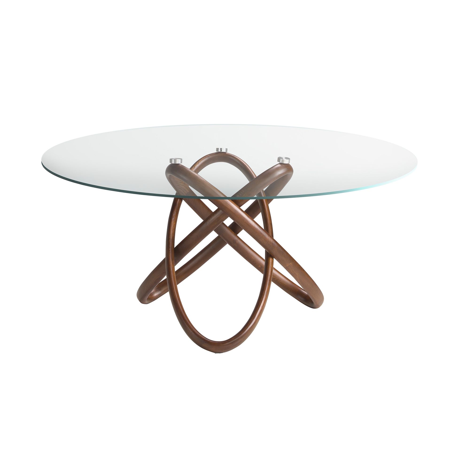 Round tempered glass and walnut dining table