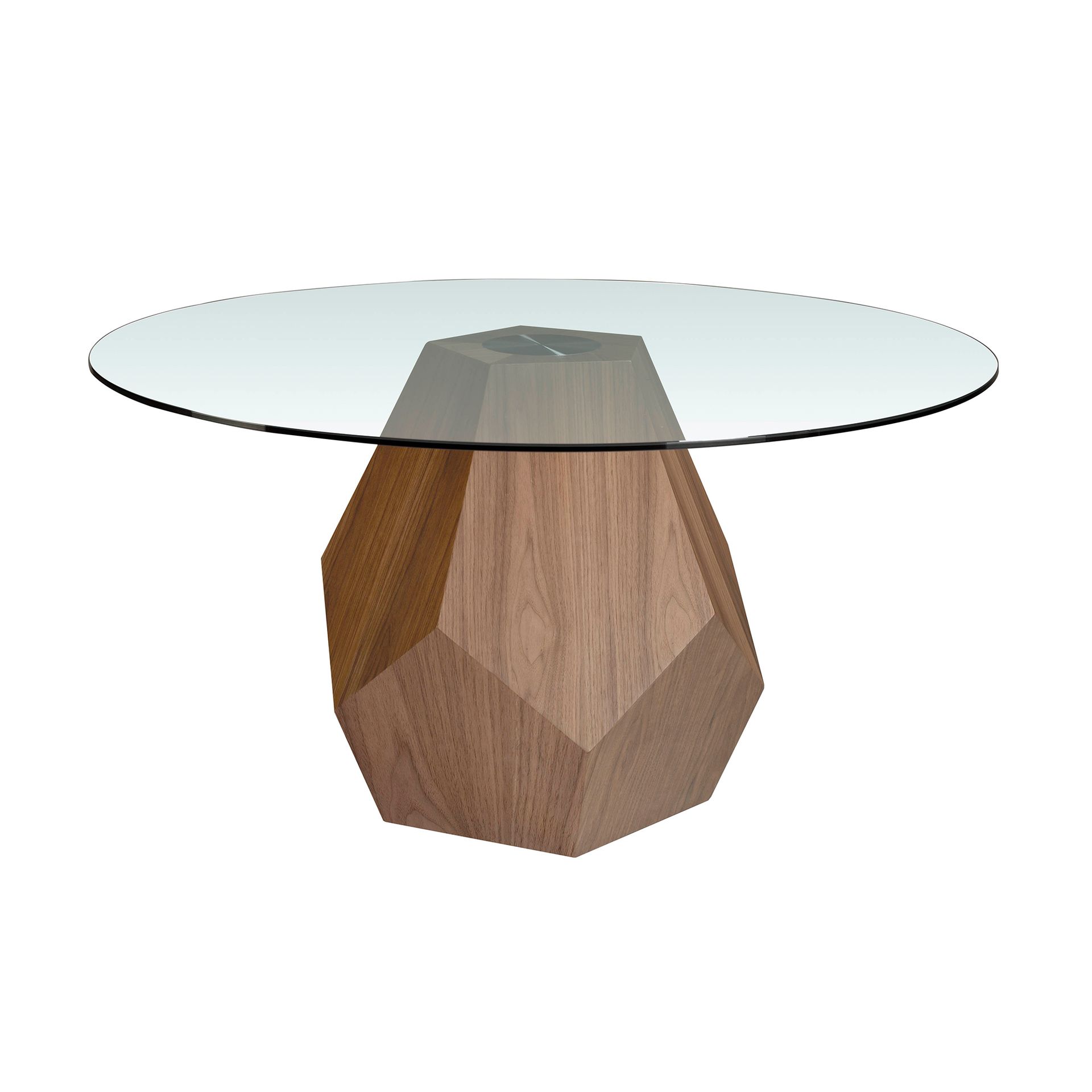 Round tempered glass and walnut dining table