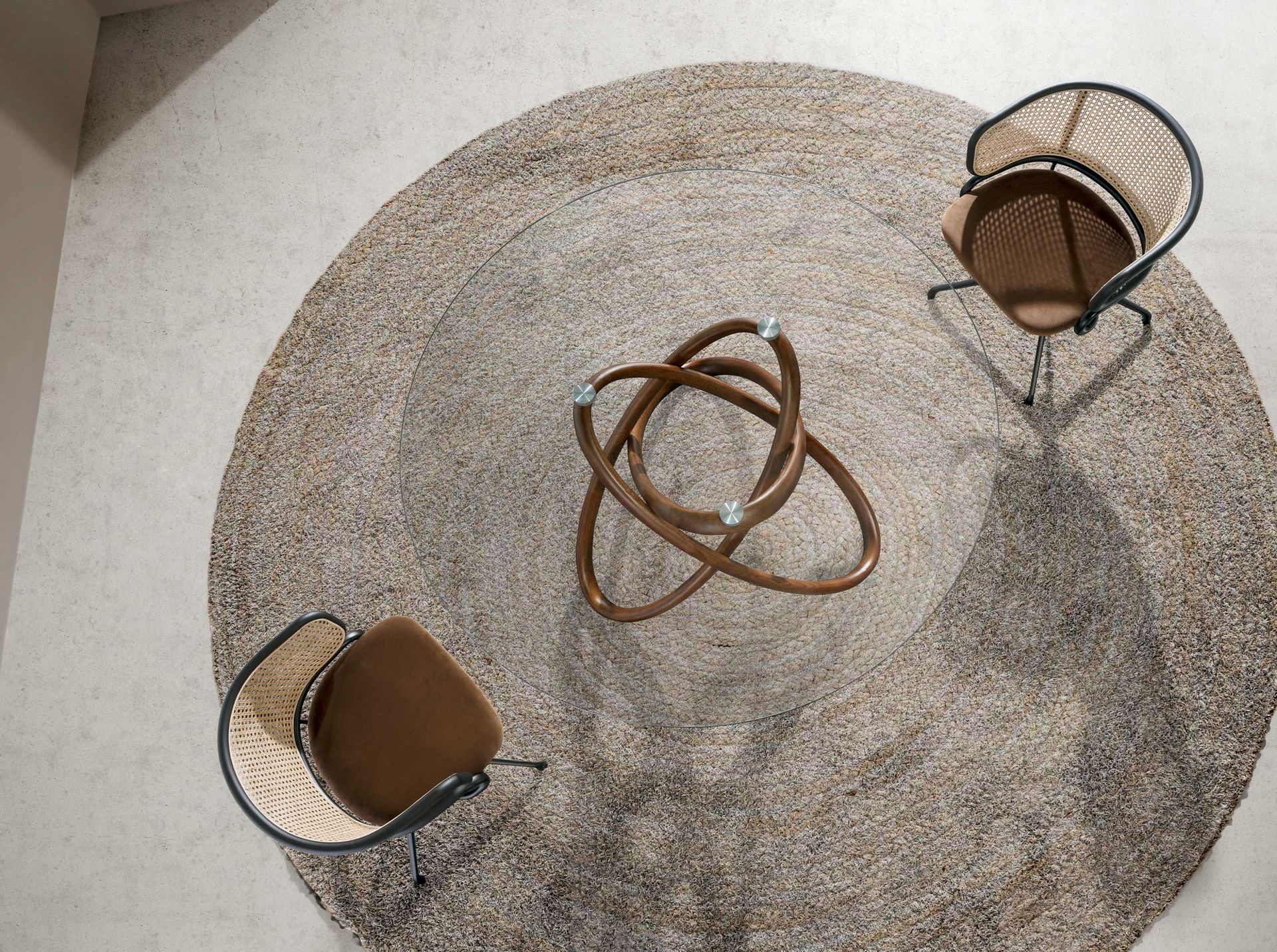 Round tempered glass and walnut dining table