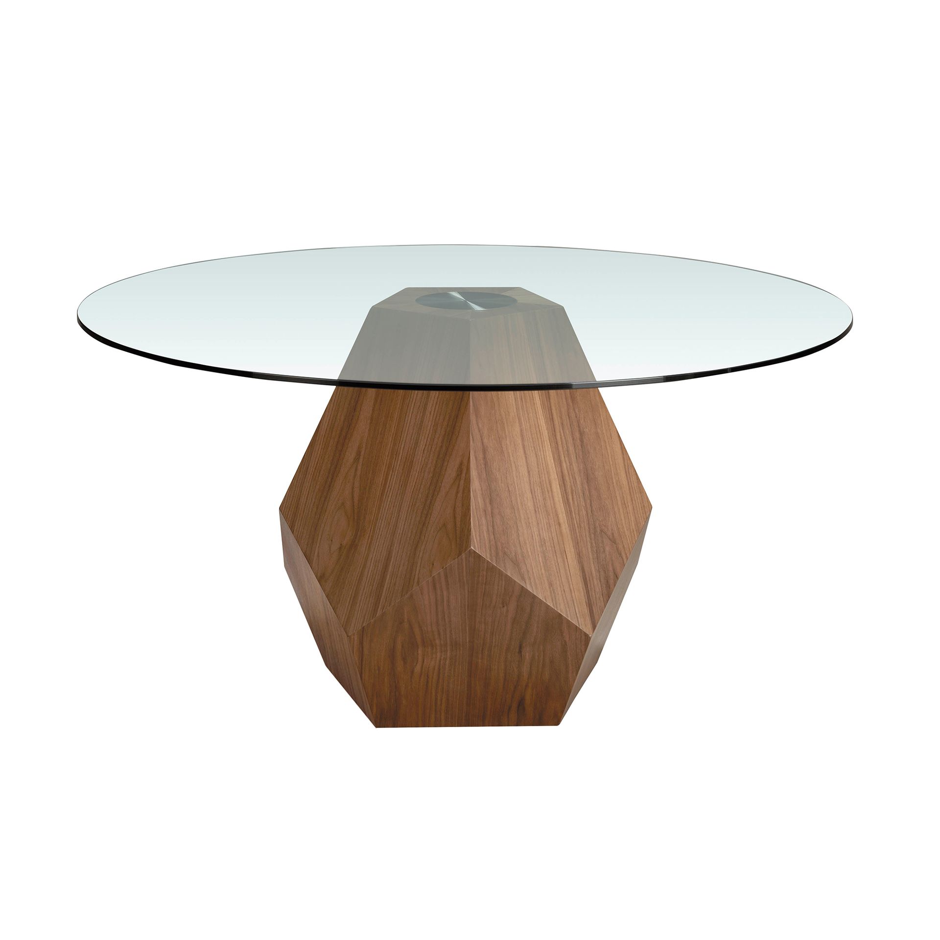 Round tempered glass and walnut dining table