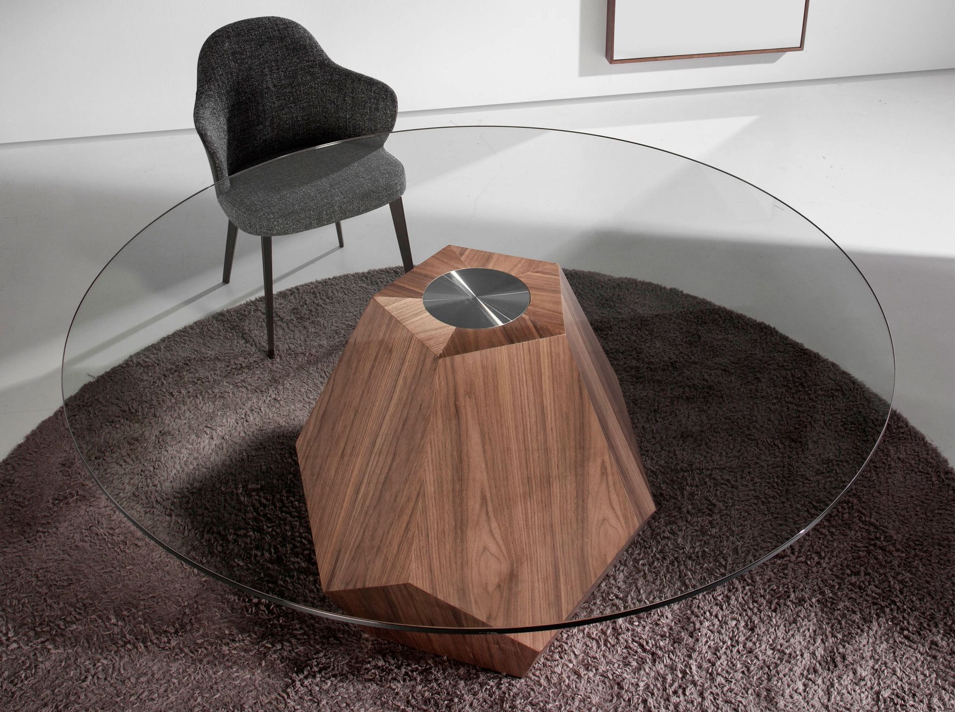 Round tempered glass and walnut dining table