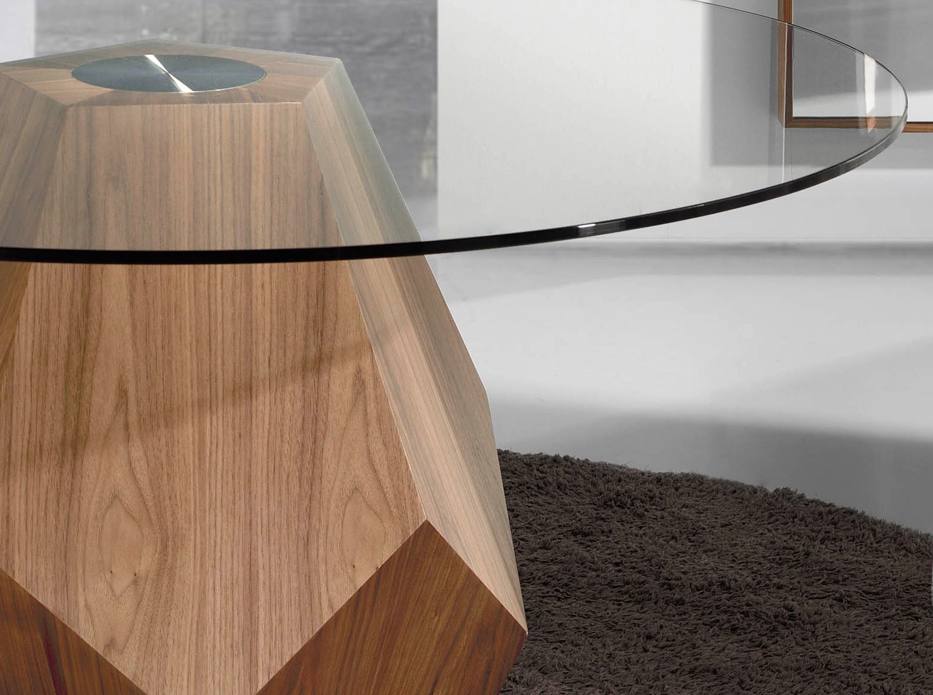 Round tempered glass and walnut dining table