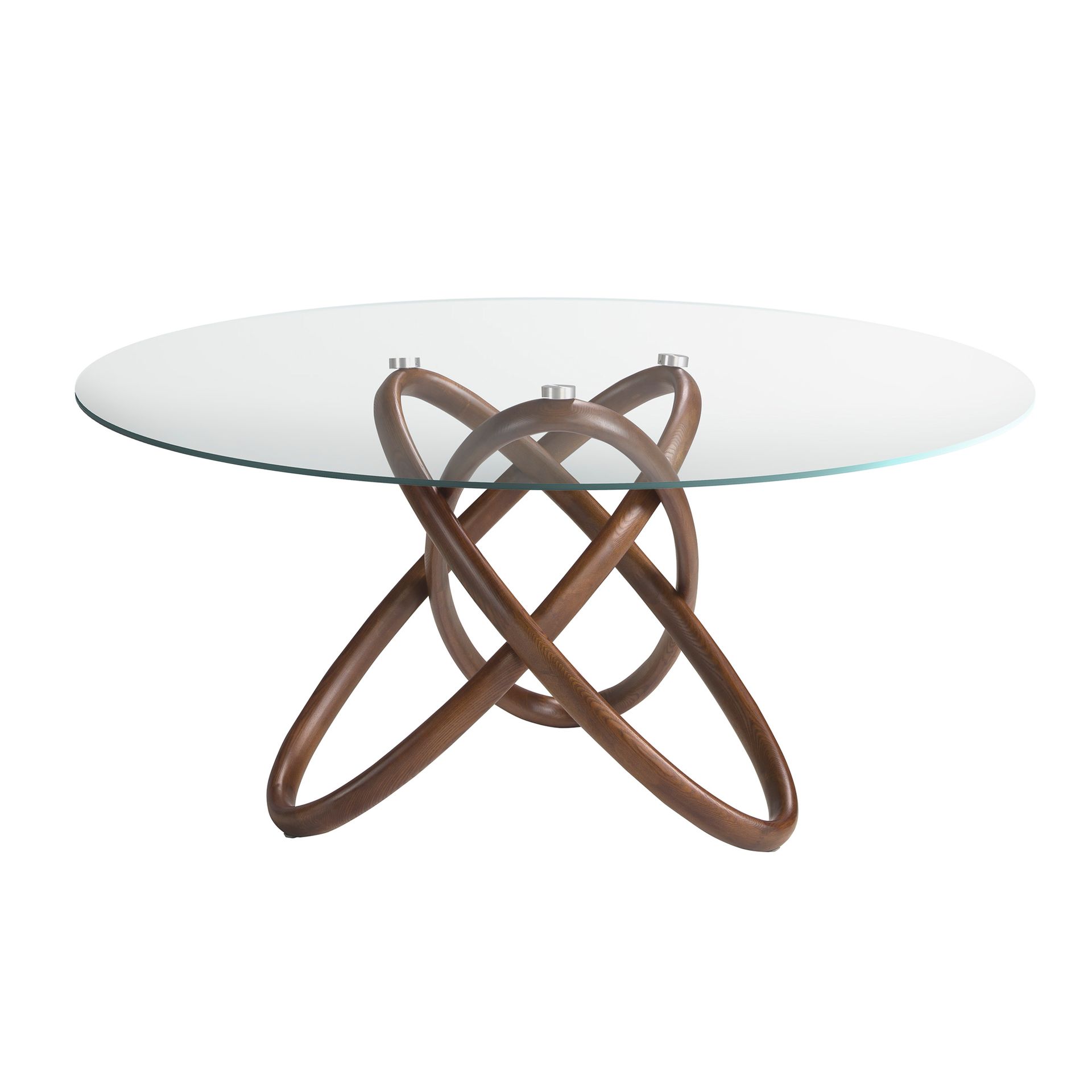 Round tempered glass and walnut dining table