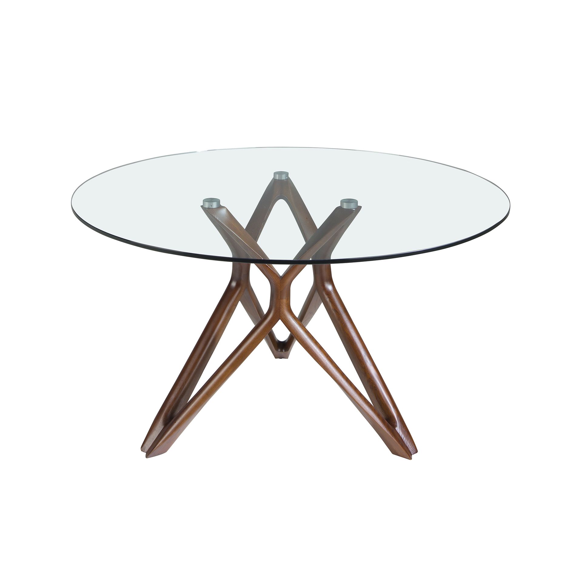 Round tempered glass and walnut dining table