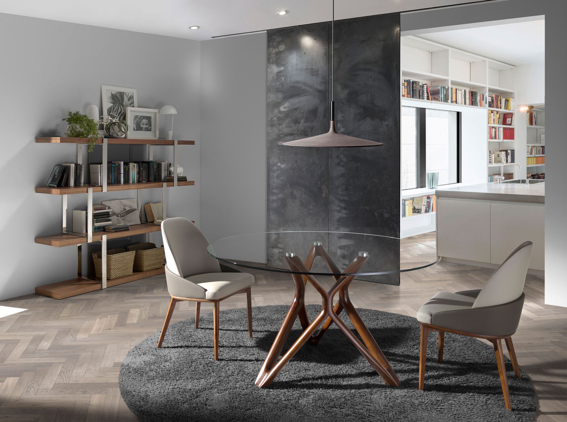Round tempered glass and walnut dining table