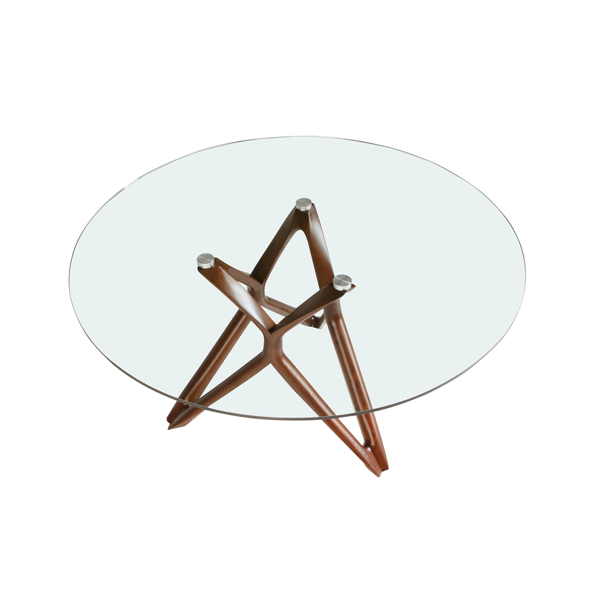 Round tempered glass and walnut dining table