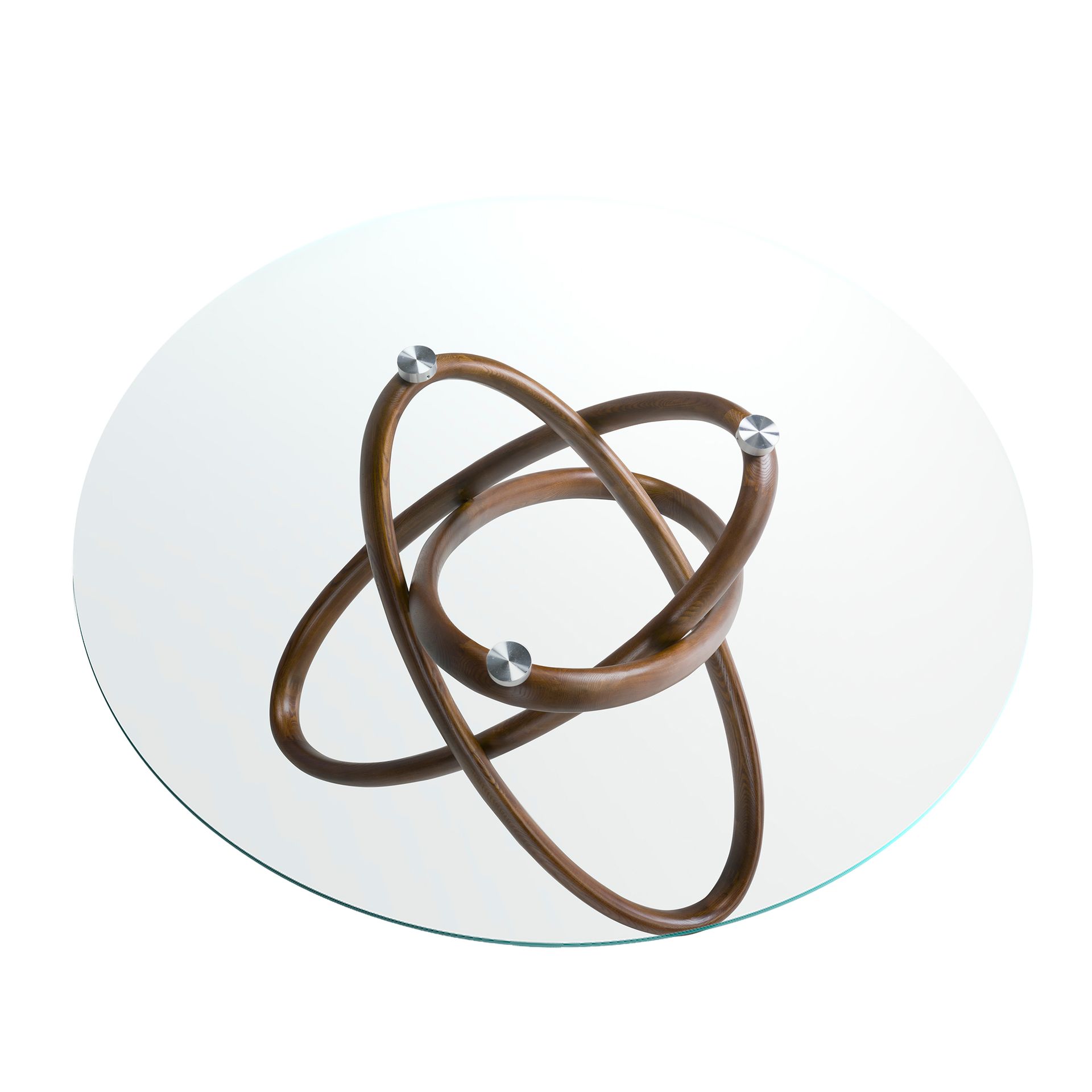 Round tempered glass and walnut dining table