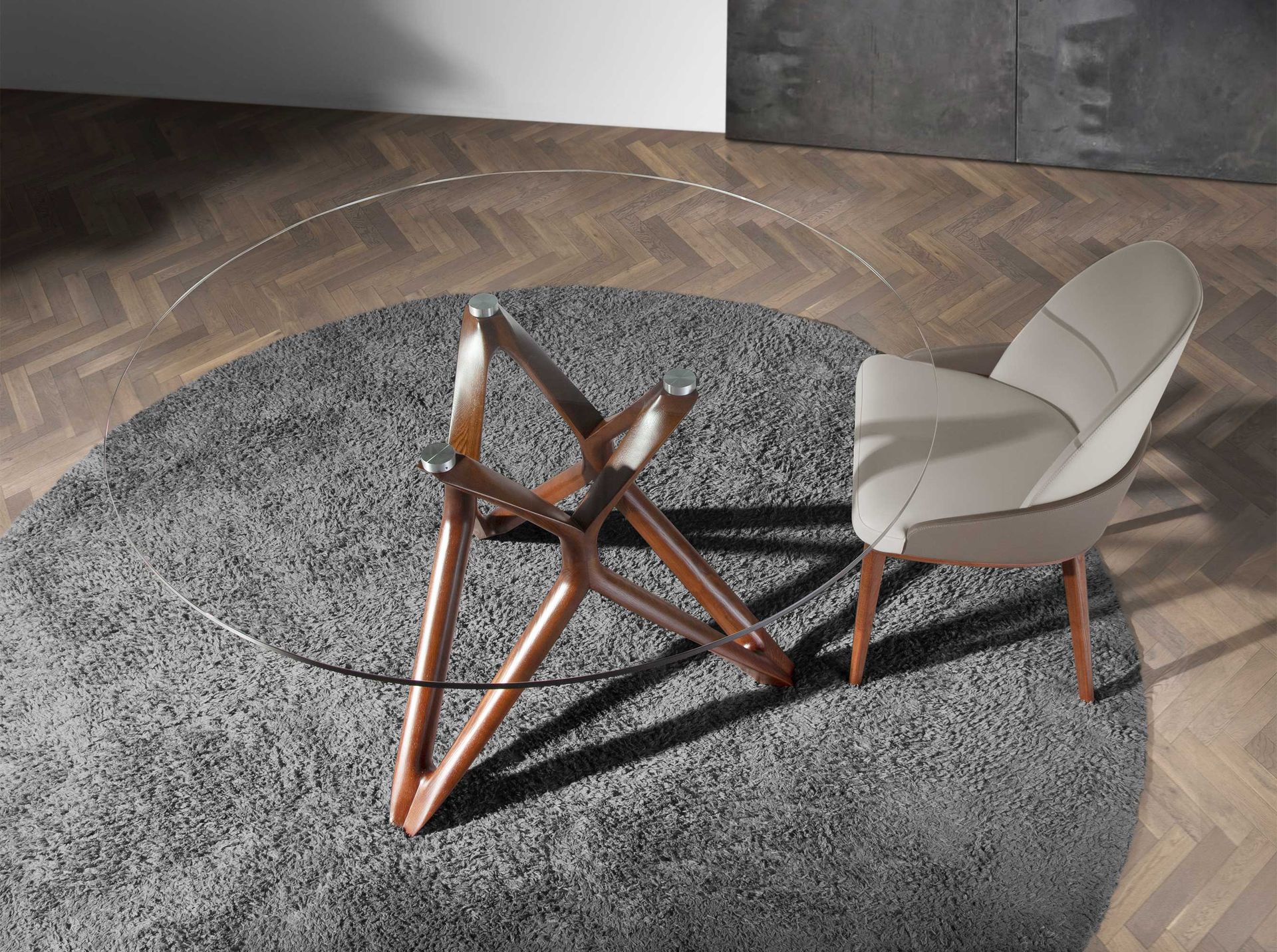 Round tempered glass and walnut dining table