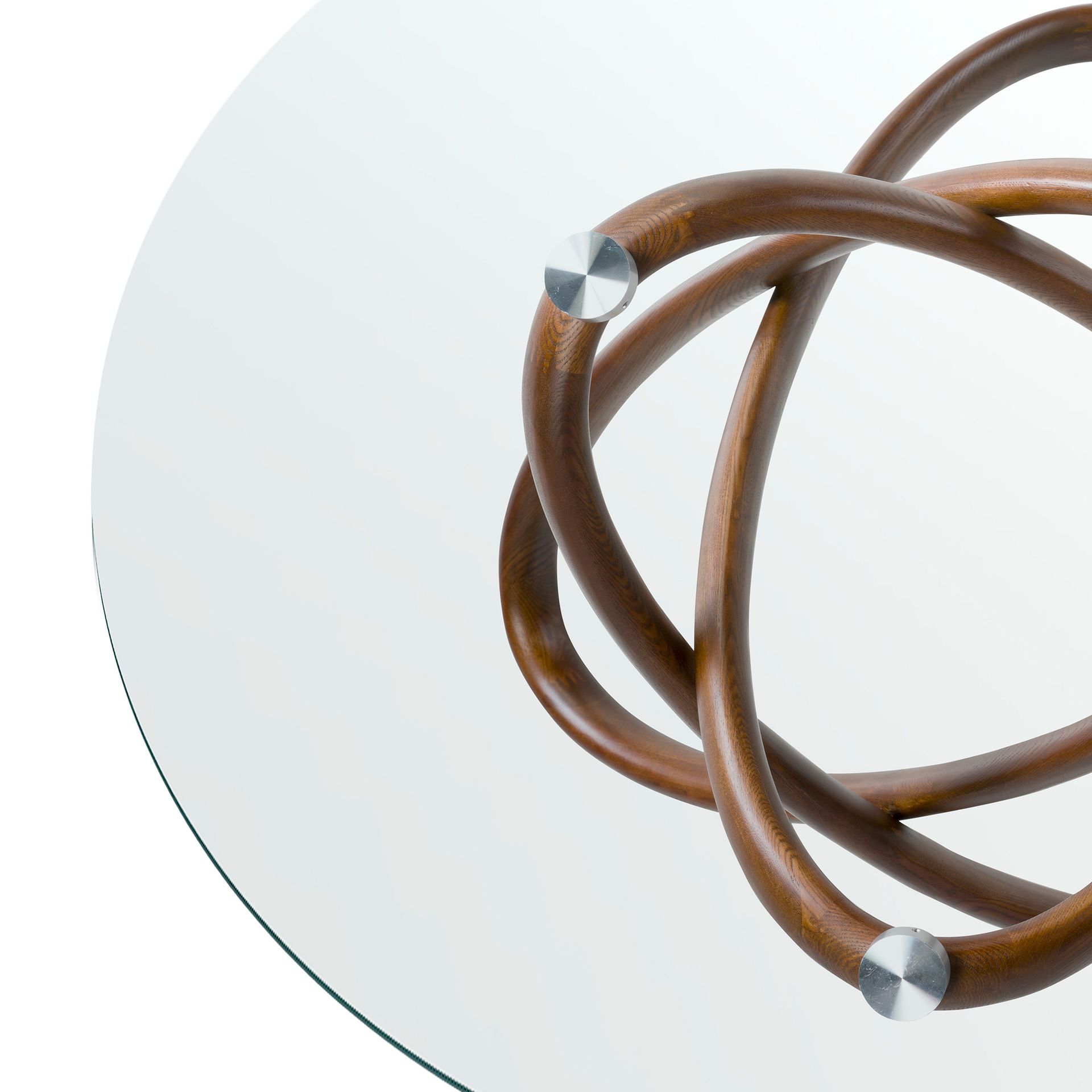 Round tempered glass and walnut dining table