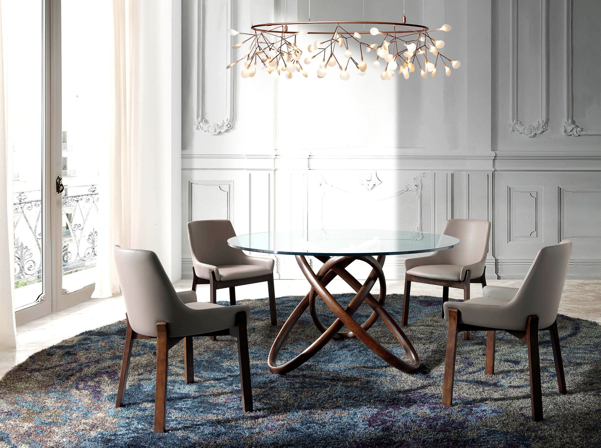 Round tempered glass and walnut dining table