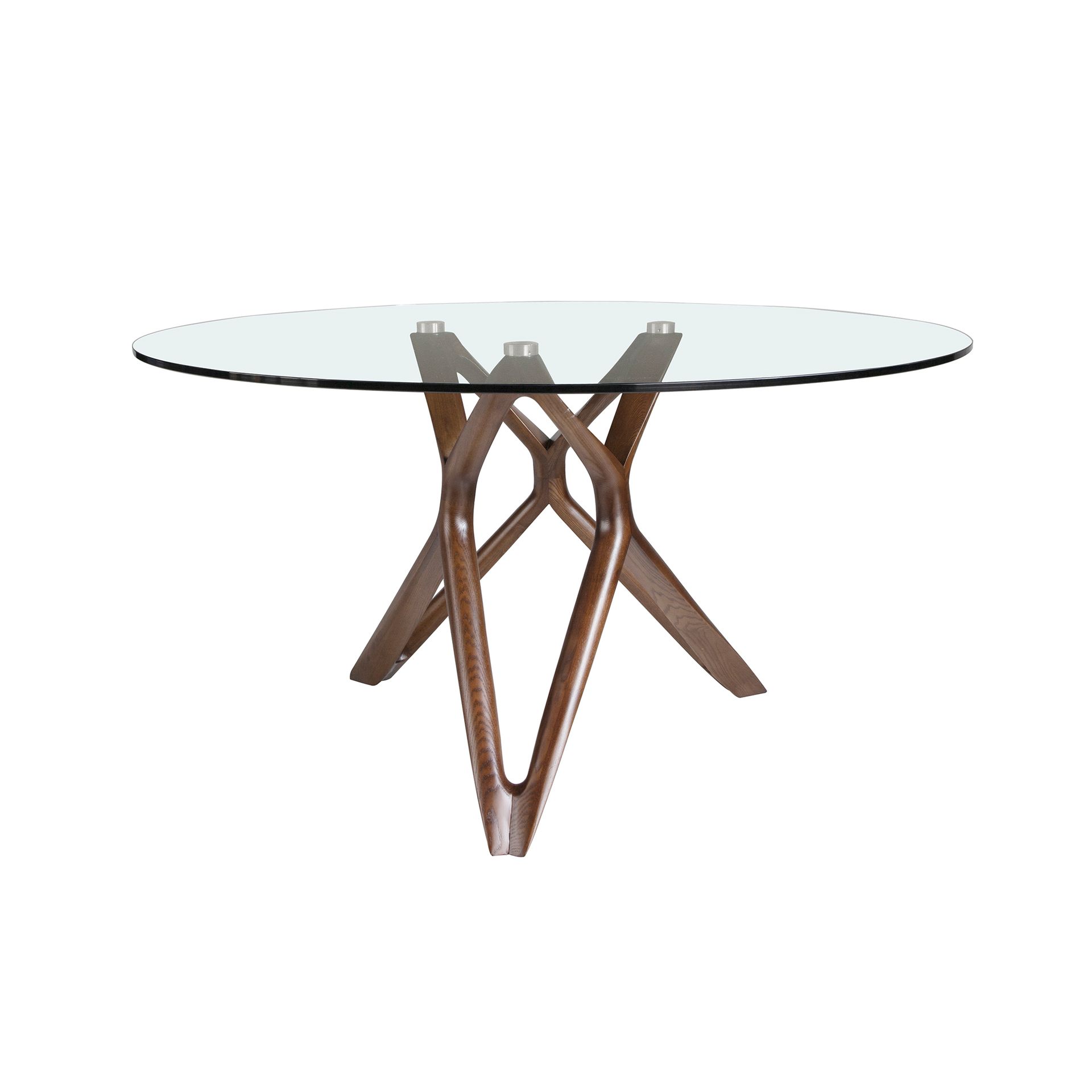 Round tempered glass and walnut dining table