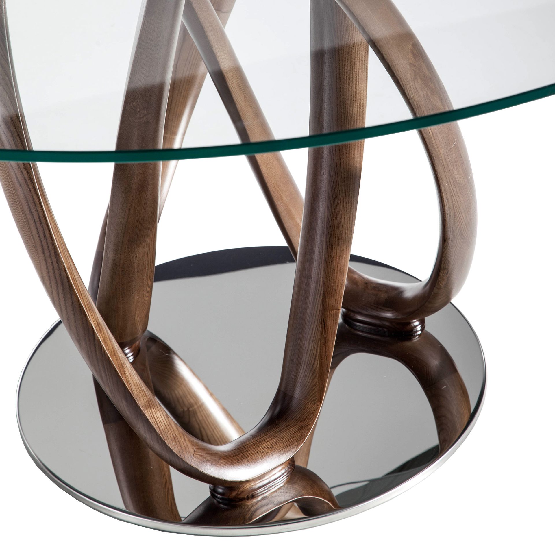 Round tempered glass and walnut dining table