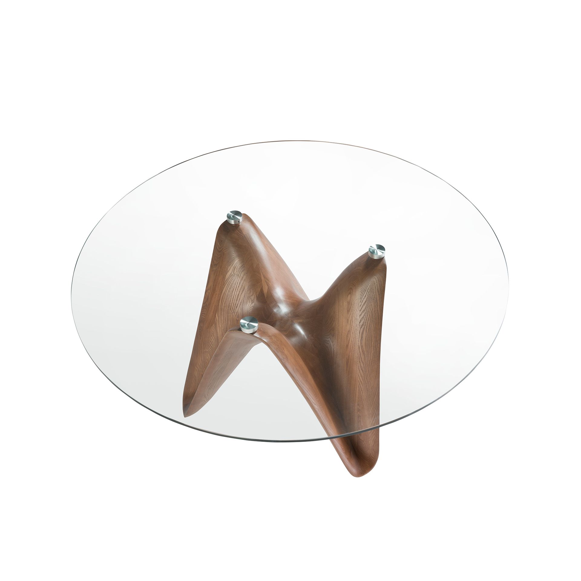 Round tempered glass and walnut dining table