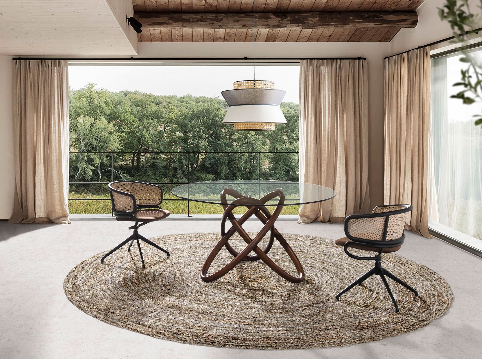 Round tempered glass and walnut dining table