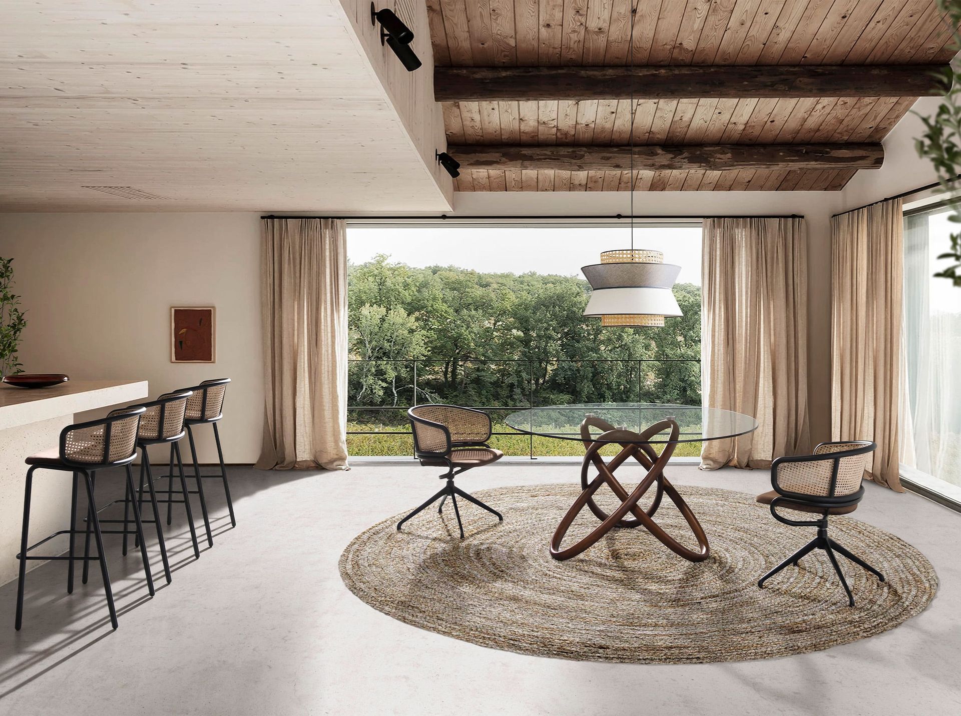 Round tempered glass and walnut dining table