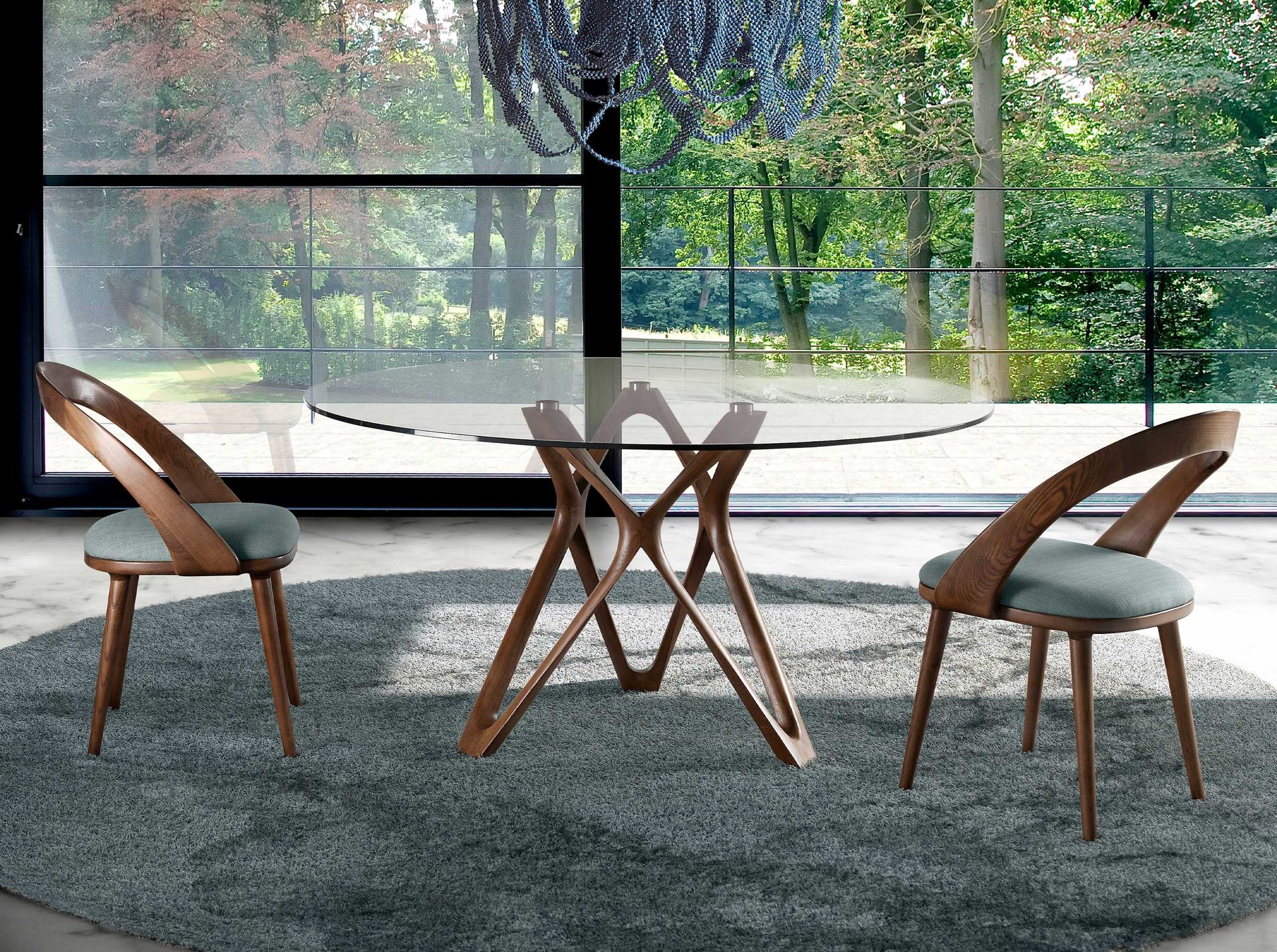 Round tempered glass and walnut dining table