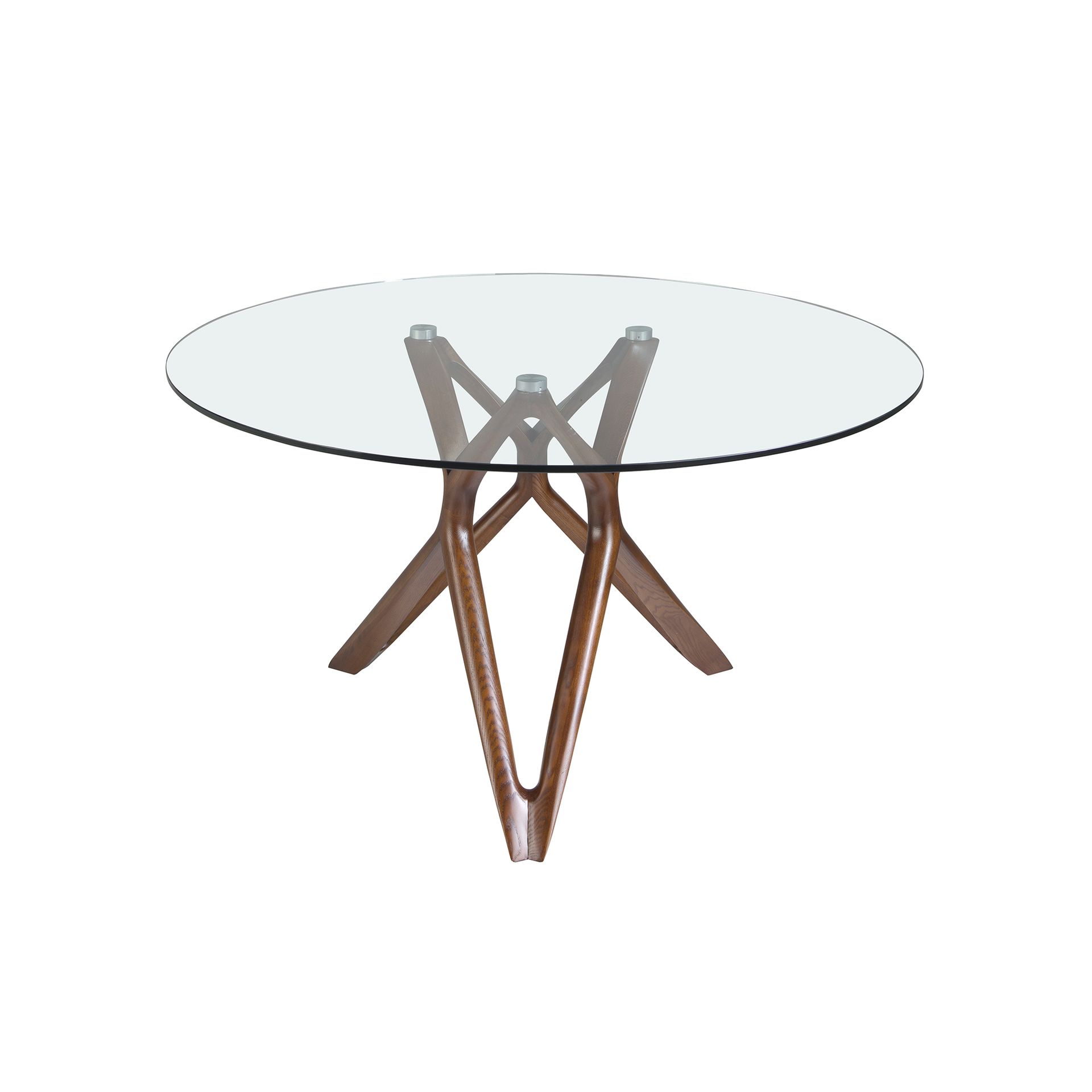 Round tempered glass and walnut dining table