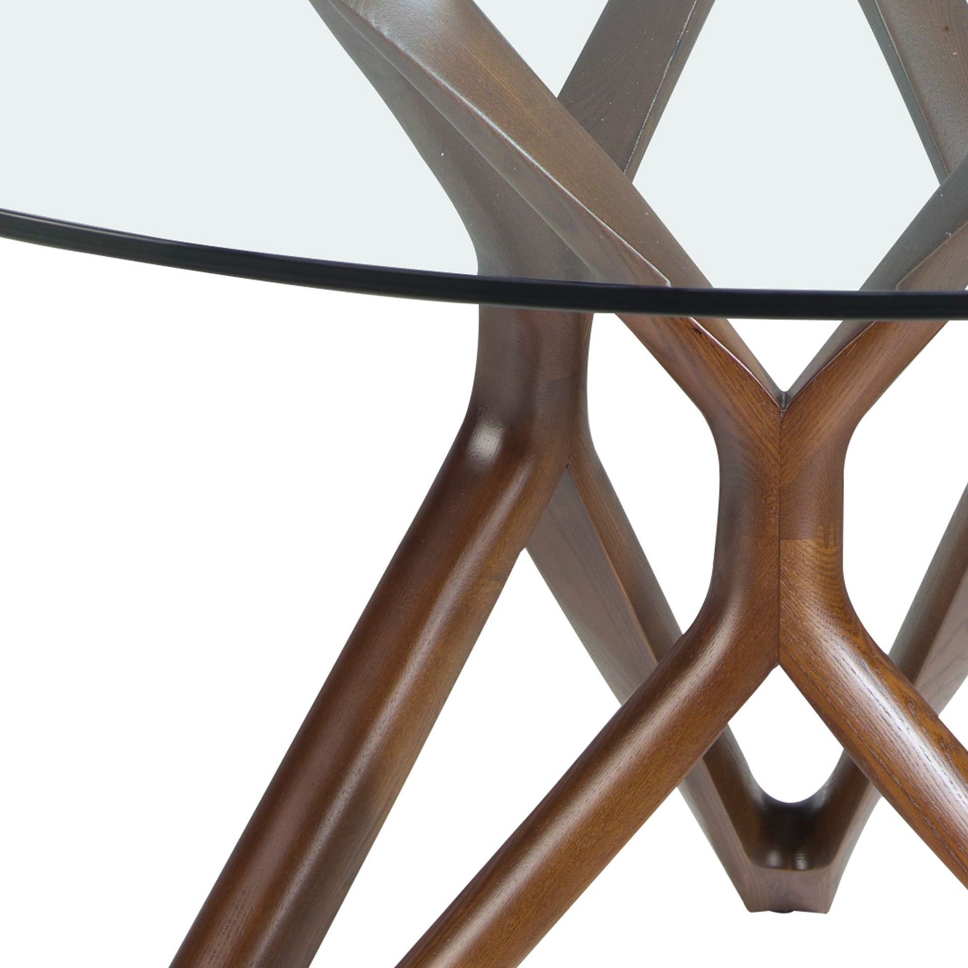 Round tempered glass and walnut dining table