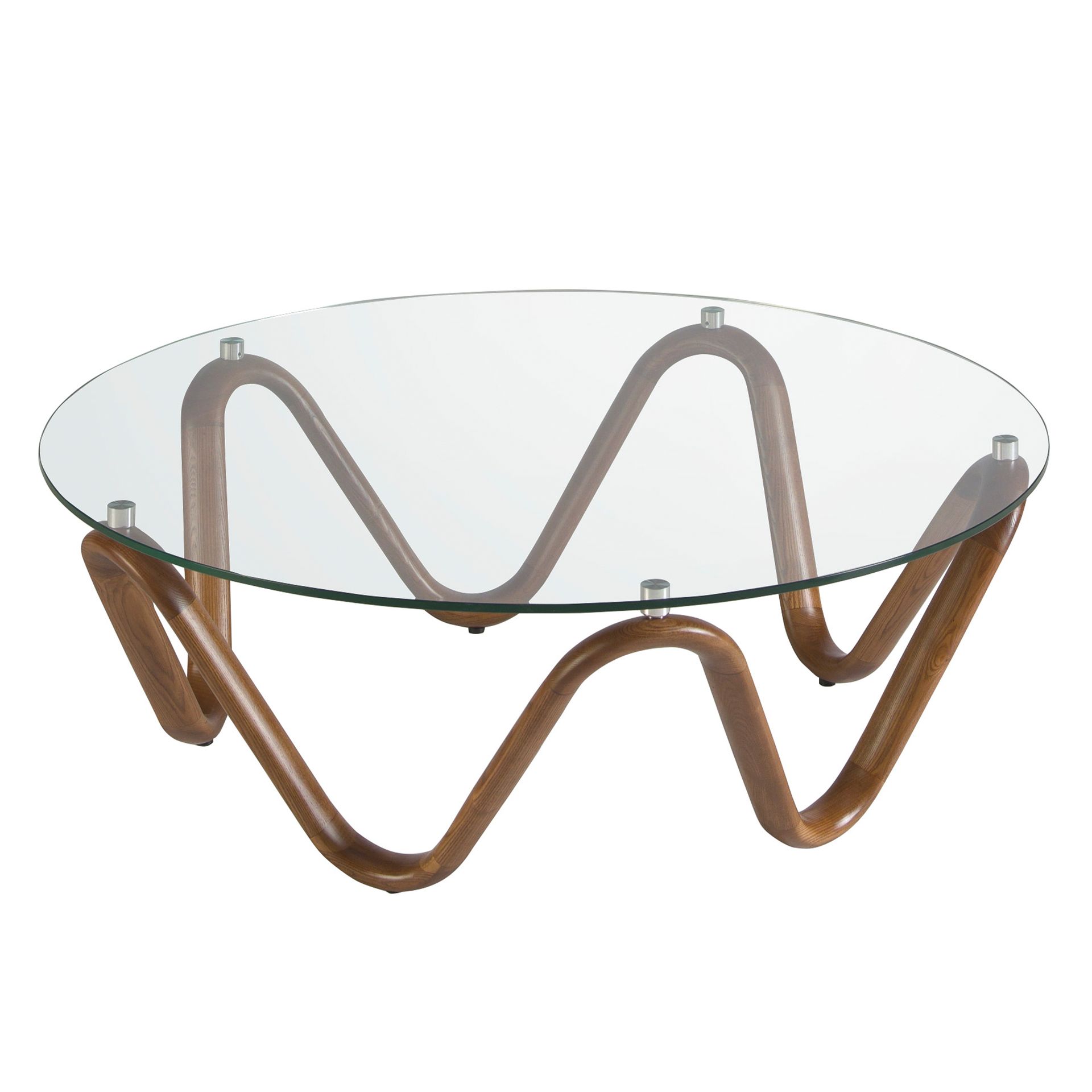 Round tempered glass and walnut round coffee table
