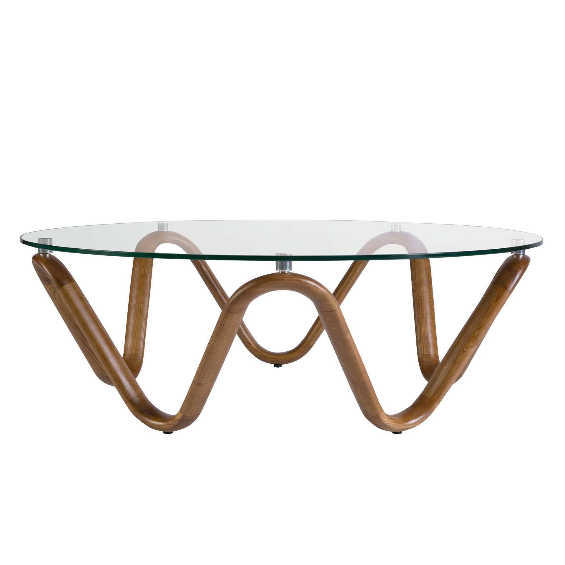 Round tempered glass and walnut round coffee table