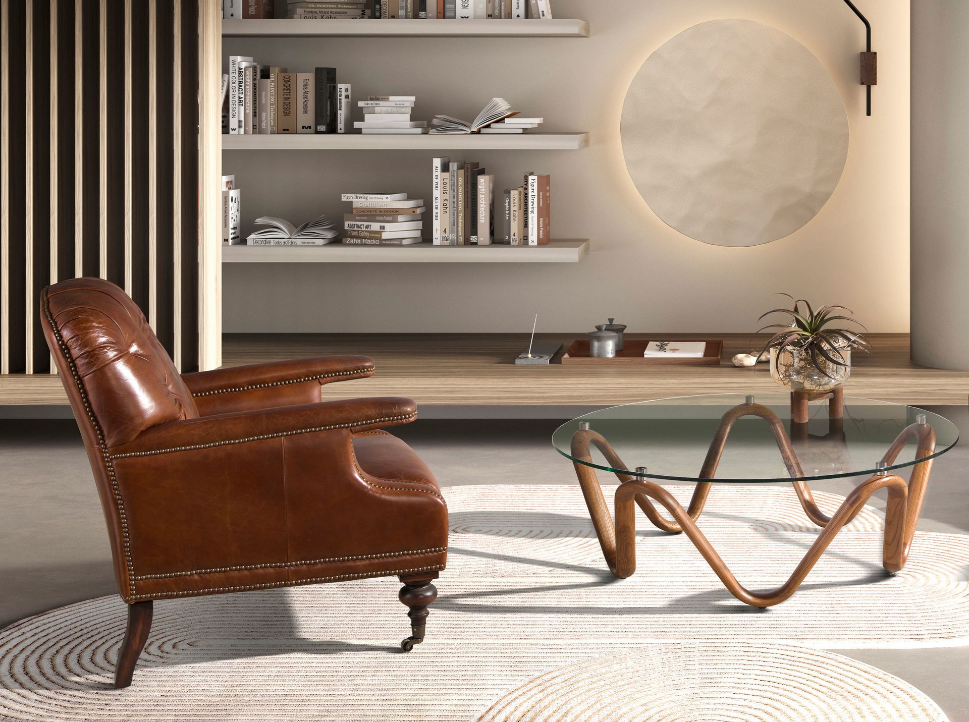 Round tempered glass and walnut round coffee table