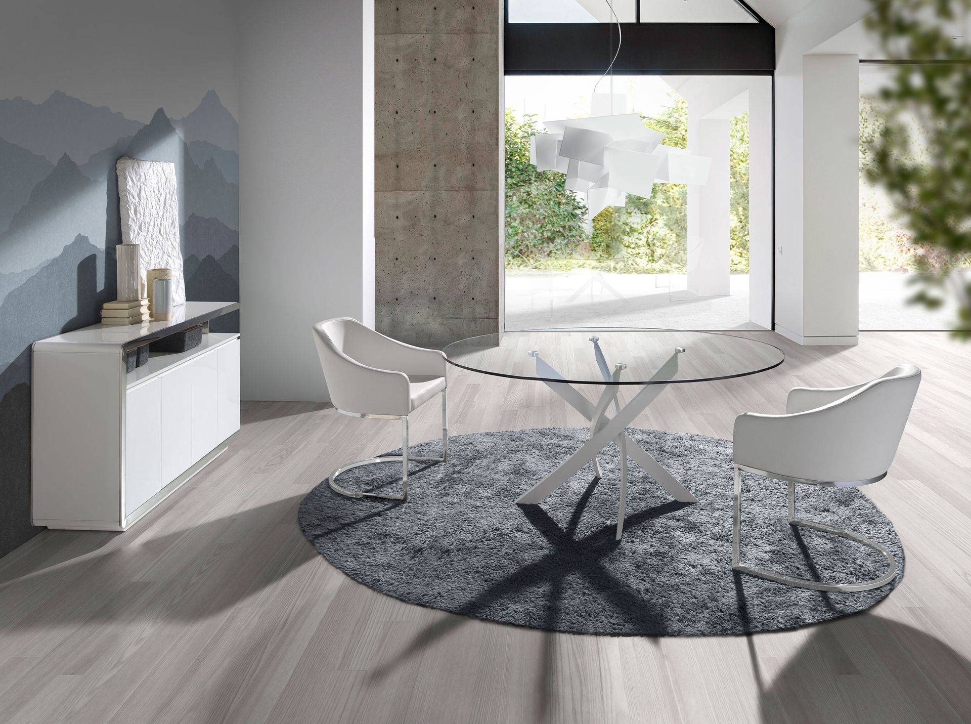 Round tempered glass and white steel dining table