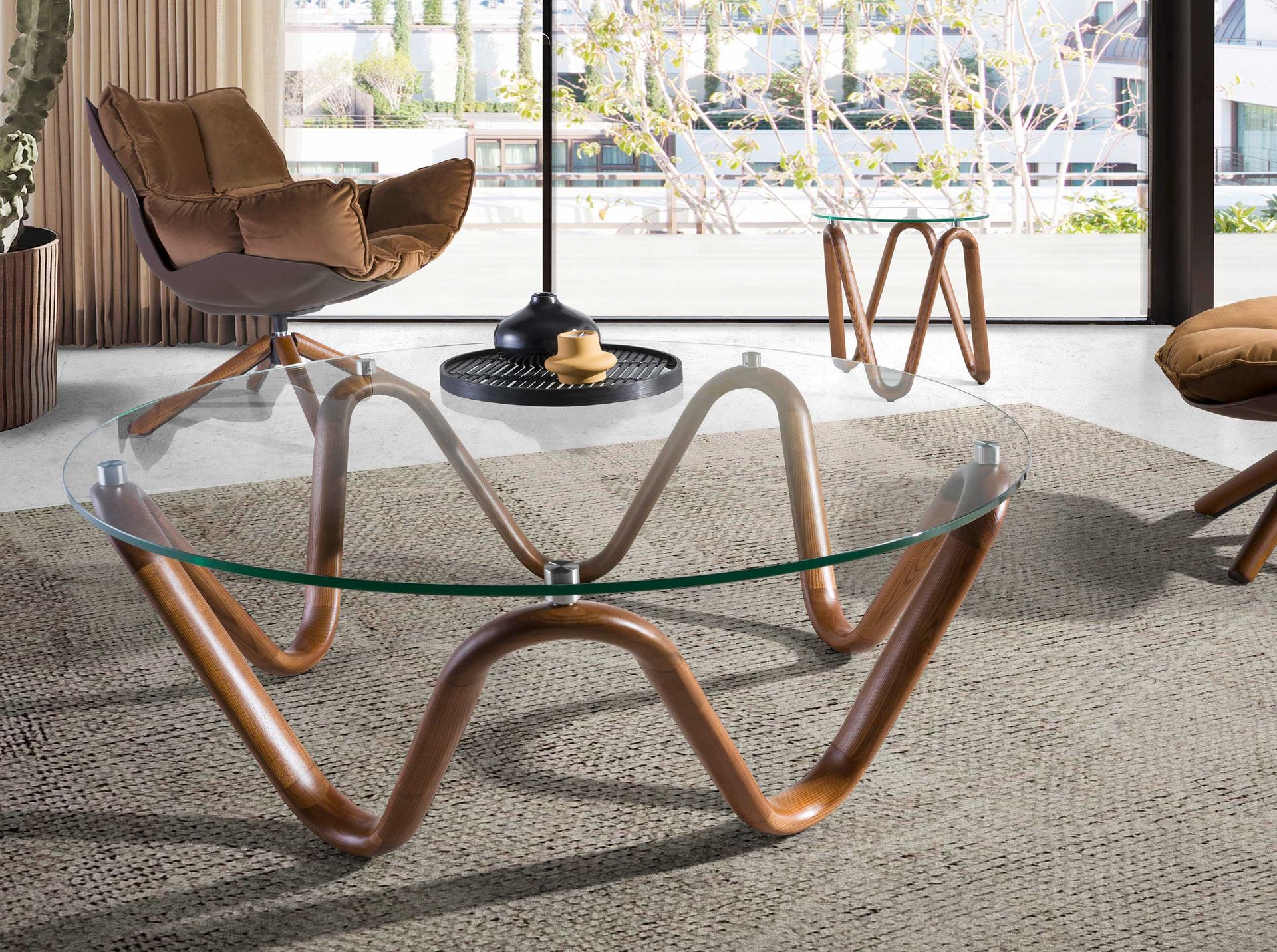 Round tempered glass and walnut round coffee table
