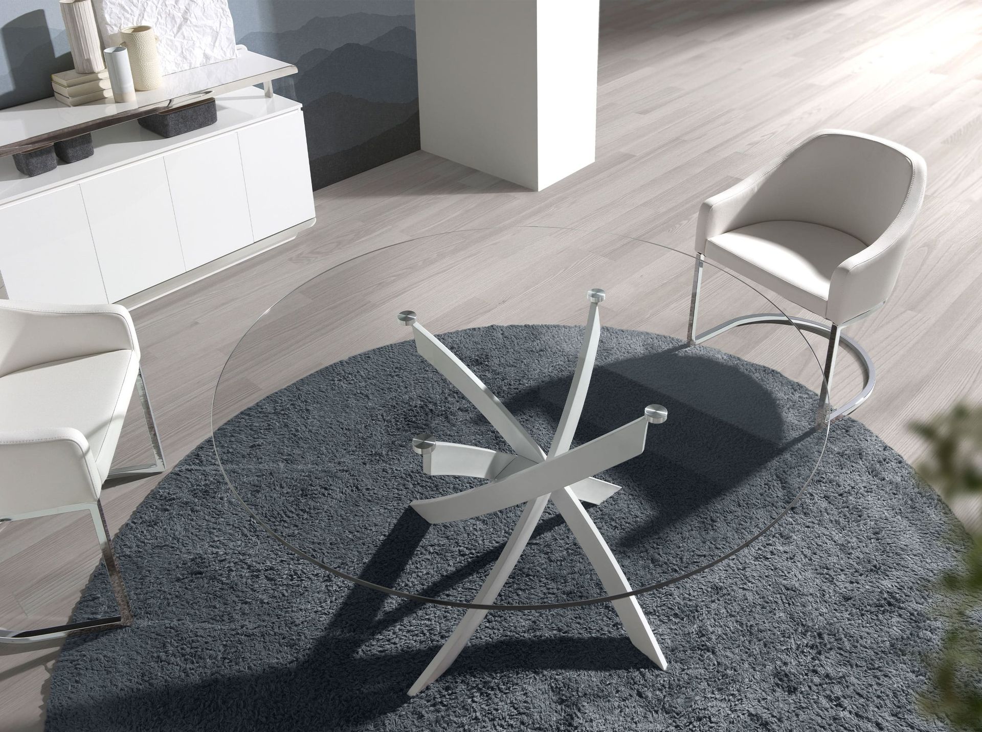 Round tempered glass and white steel dining table