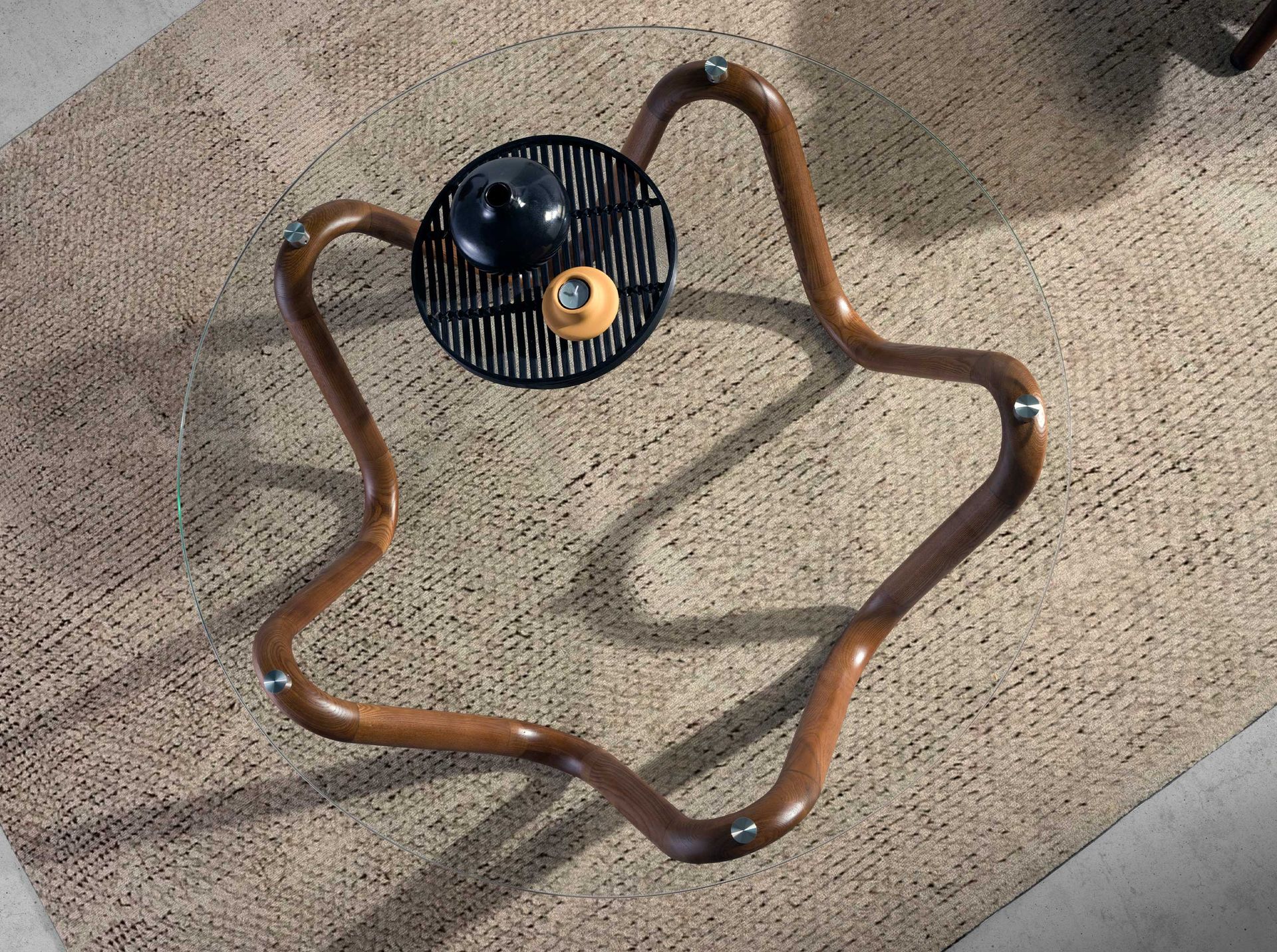 Round tempered glass and walnut round coffee table