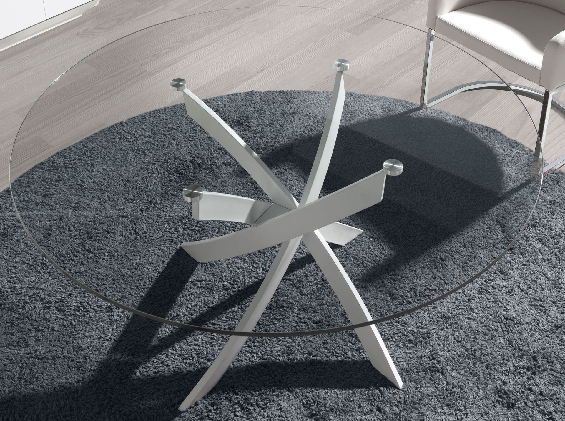 Round tempered glass and white steel dining table
