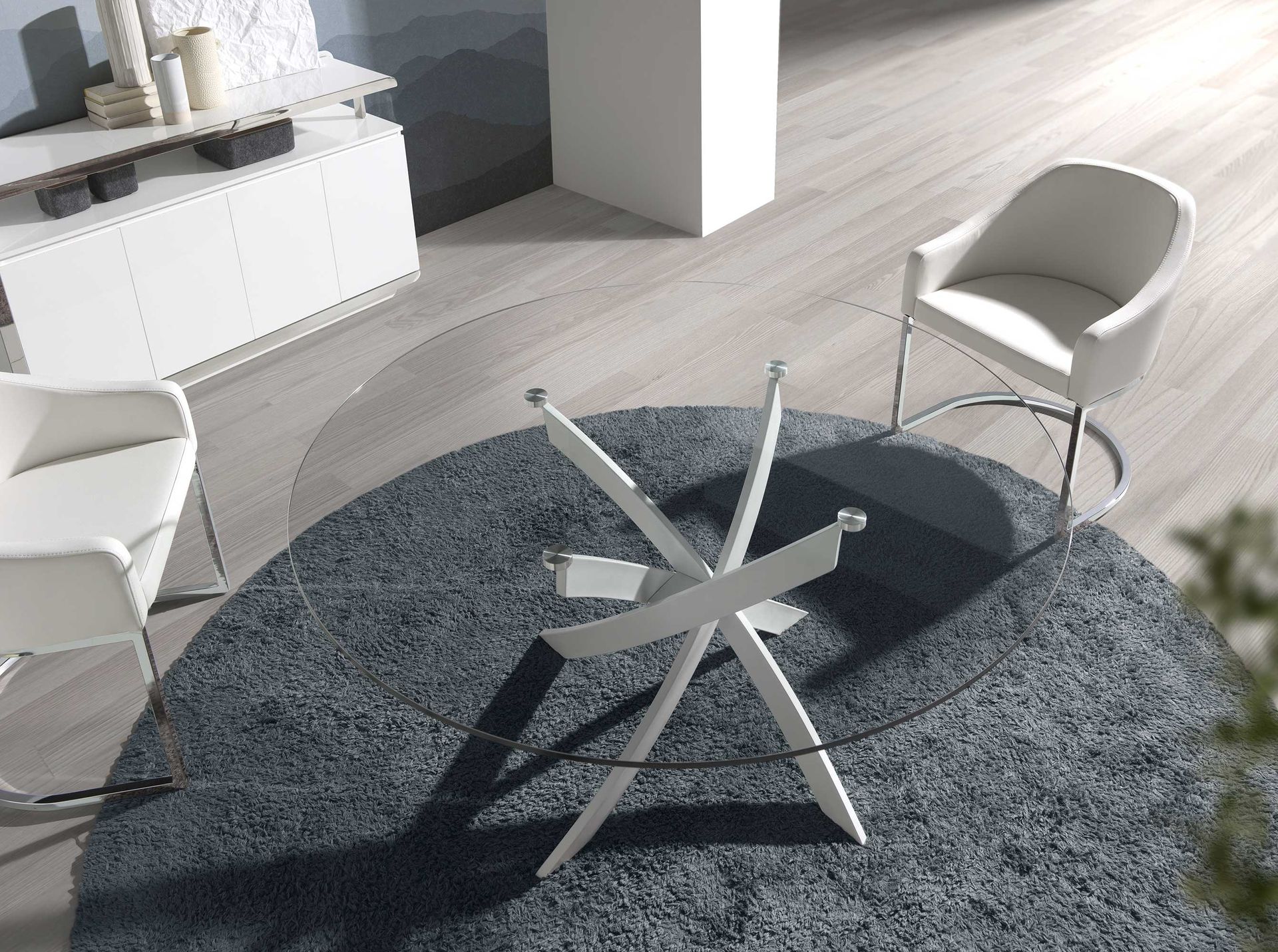 Round tempered glass and white steel dining table