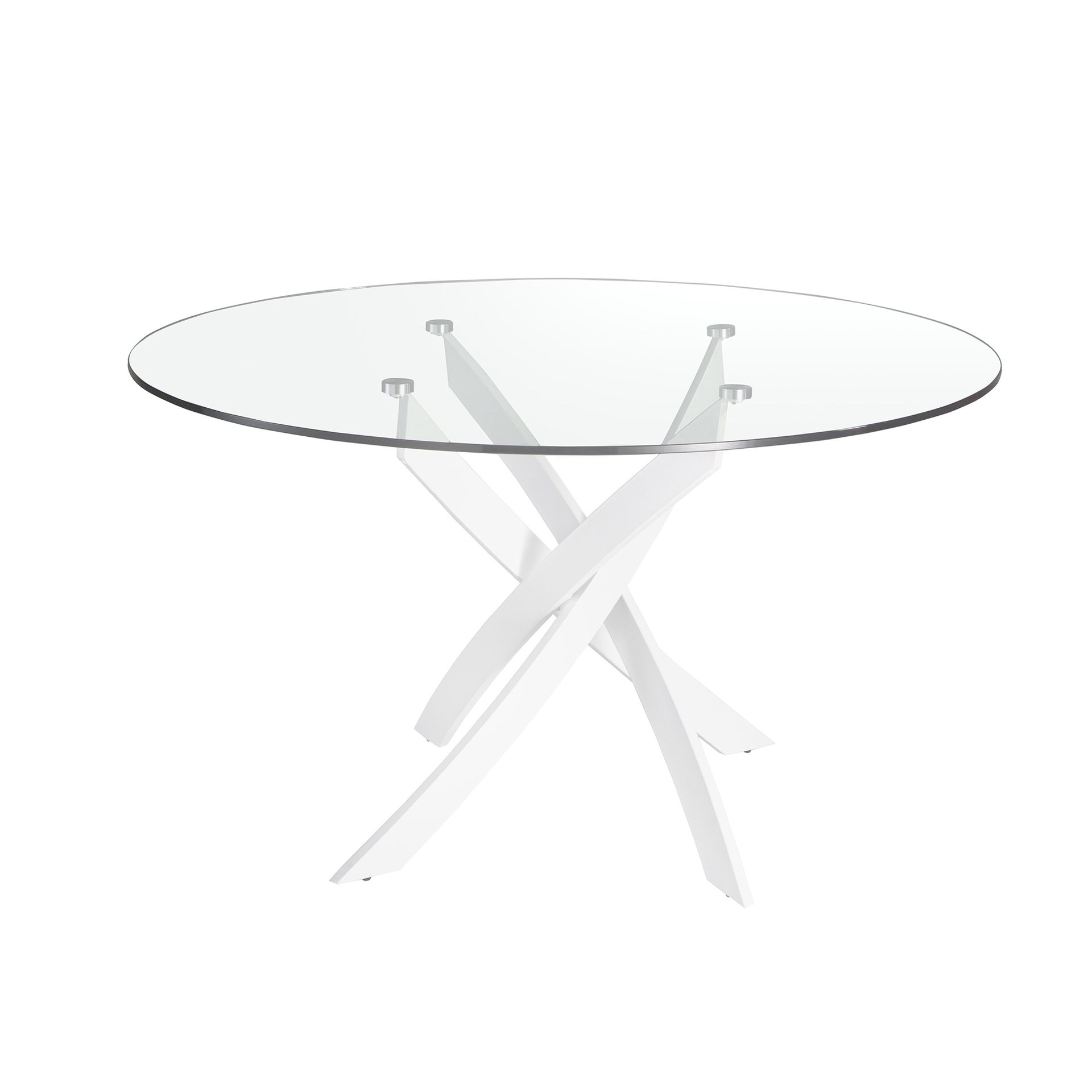 Round tempered glass and white steel dining table