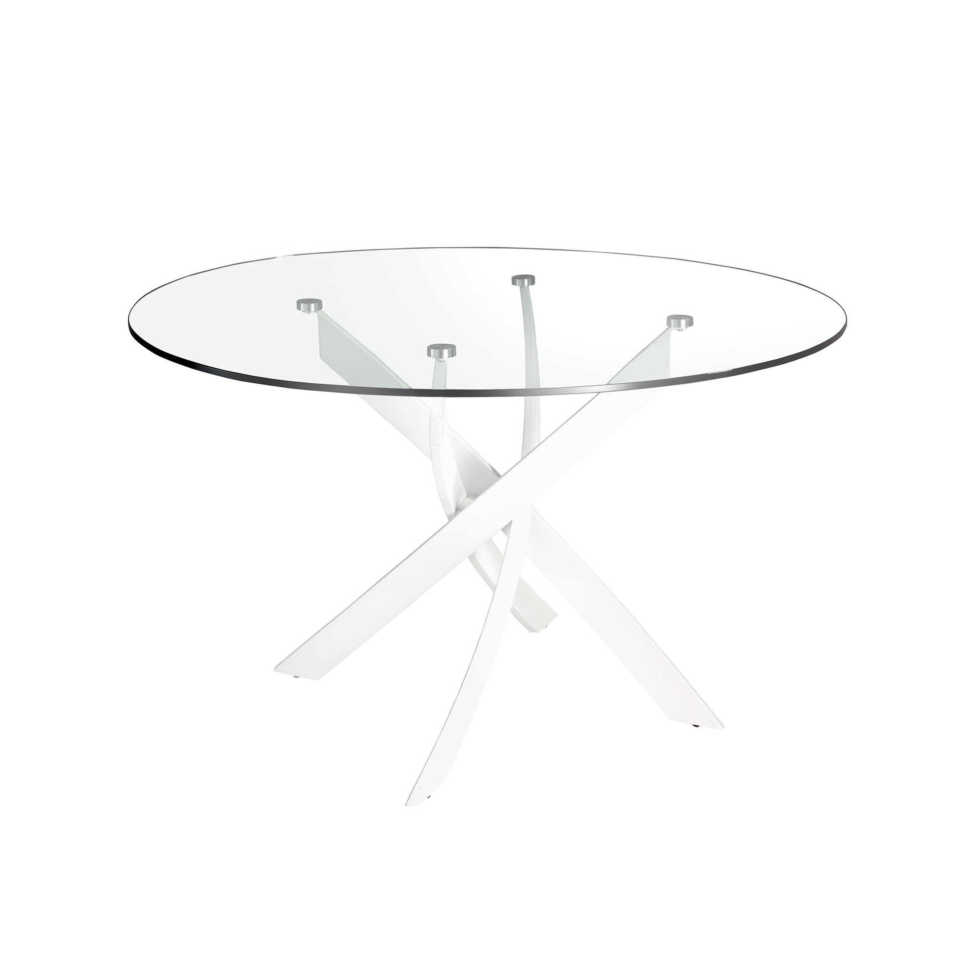 Round tempered glass and white steel dining table
