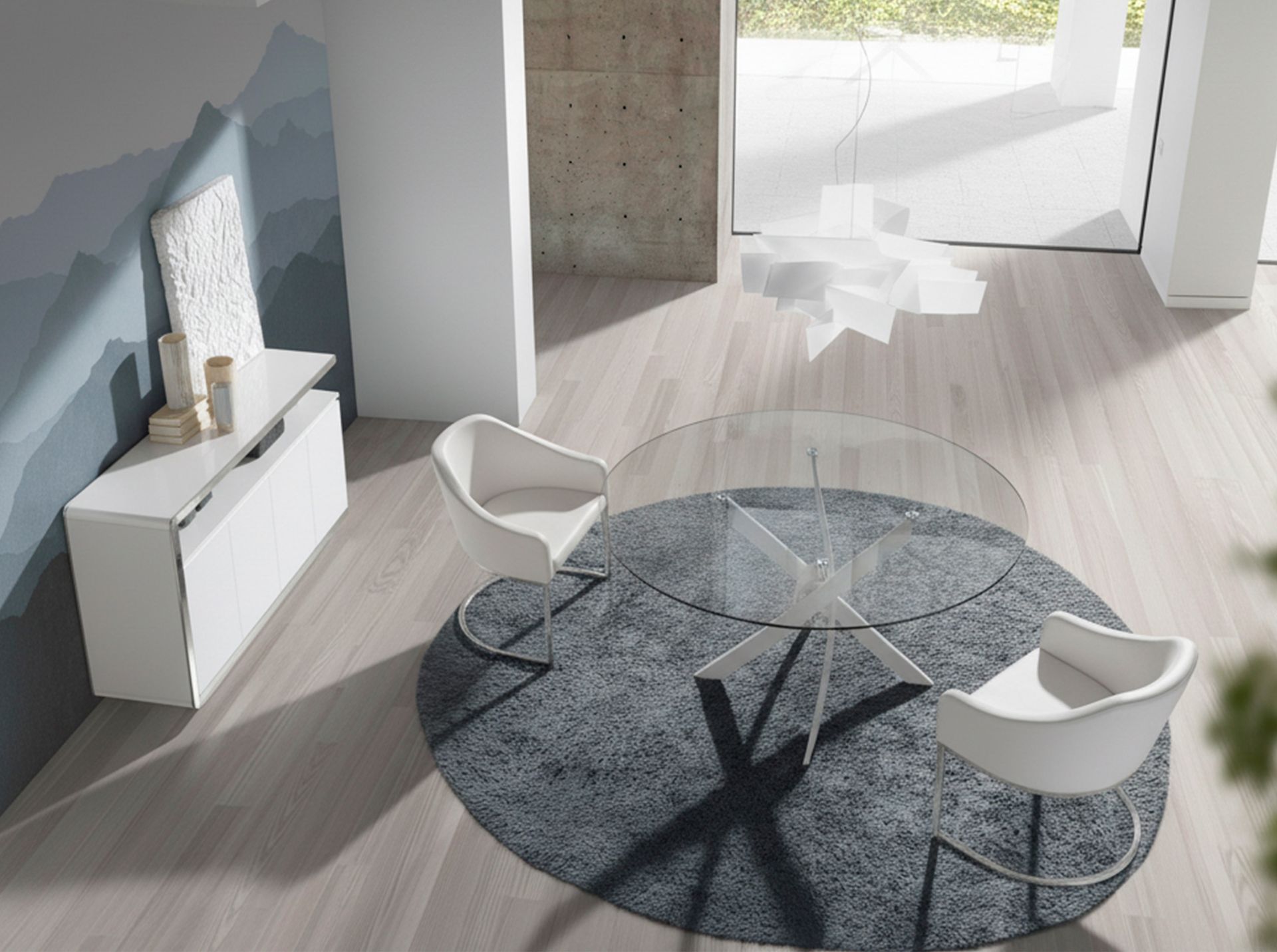 Round tempered glass and white steel dining table