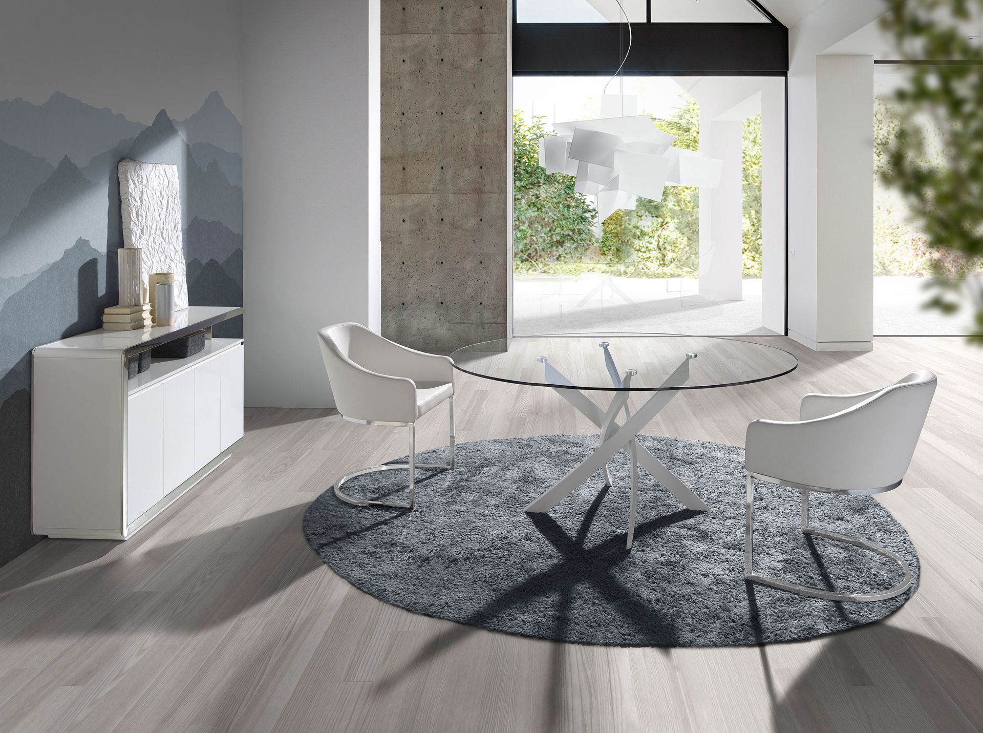 Round tempered glass and white steel dining table