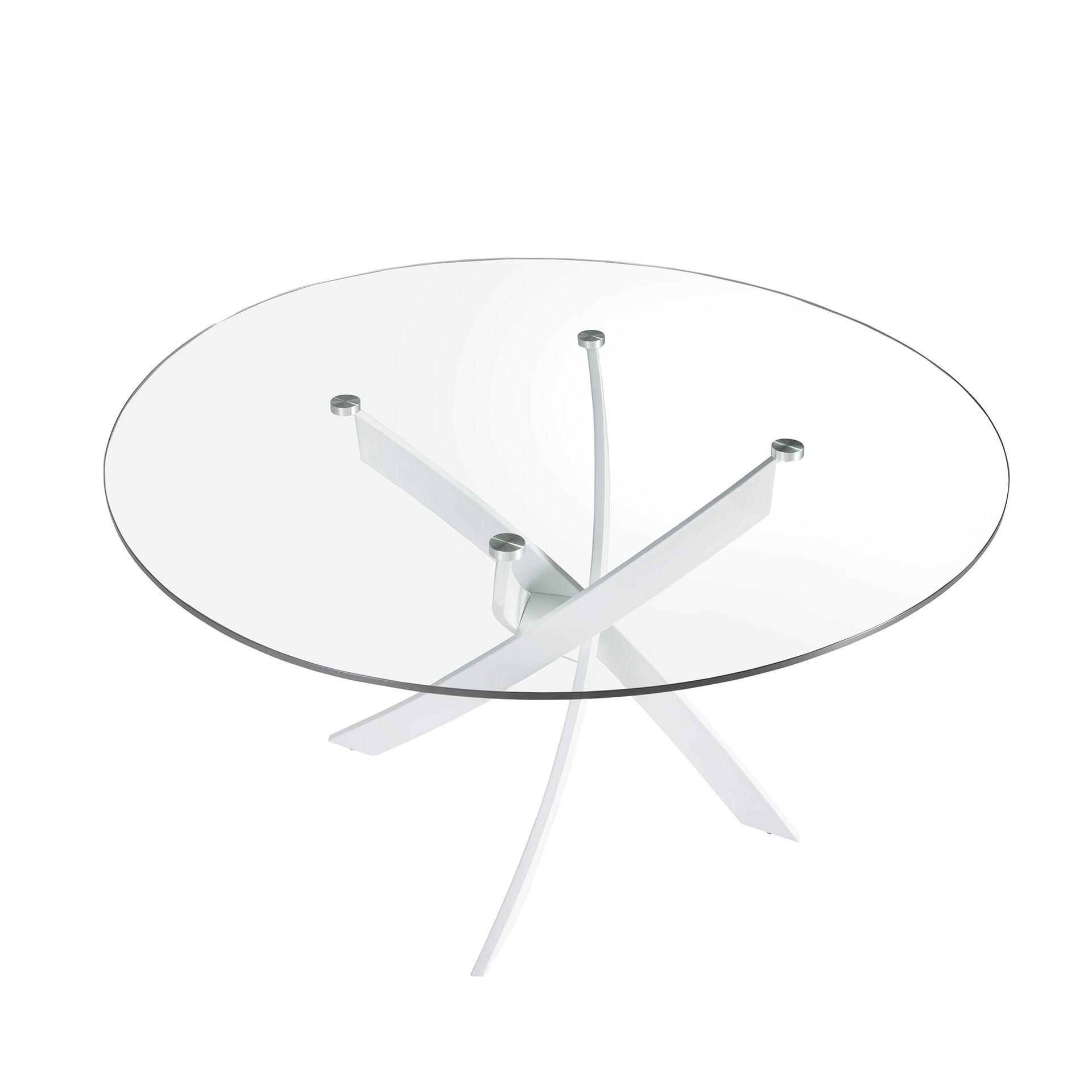 Round tempered glass and white steel dining table