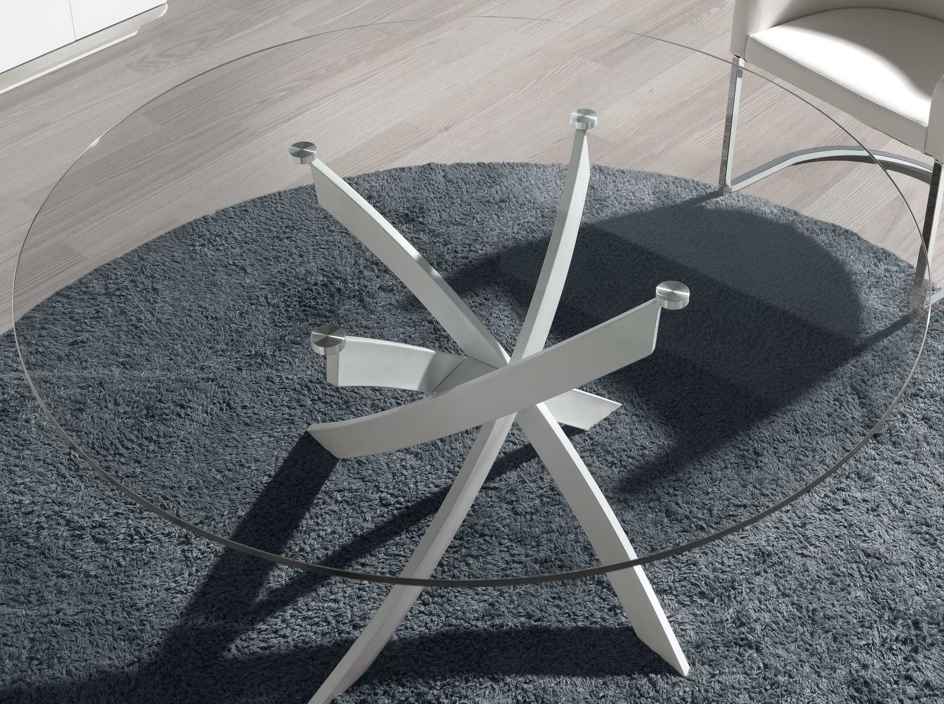 Round tempered glass and white steel dining table