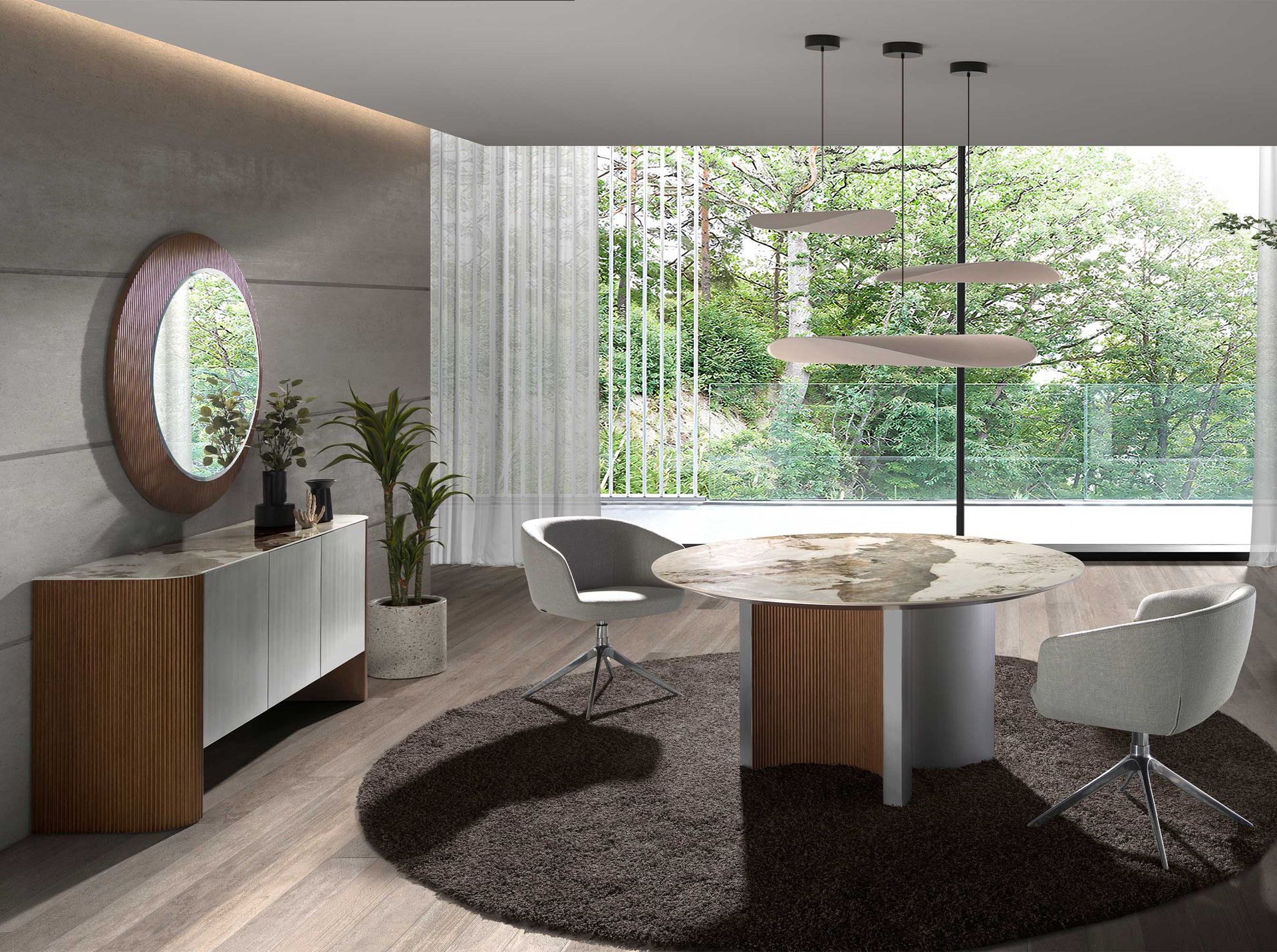 Round walnut wall mirror