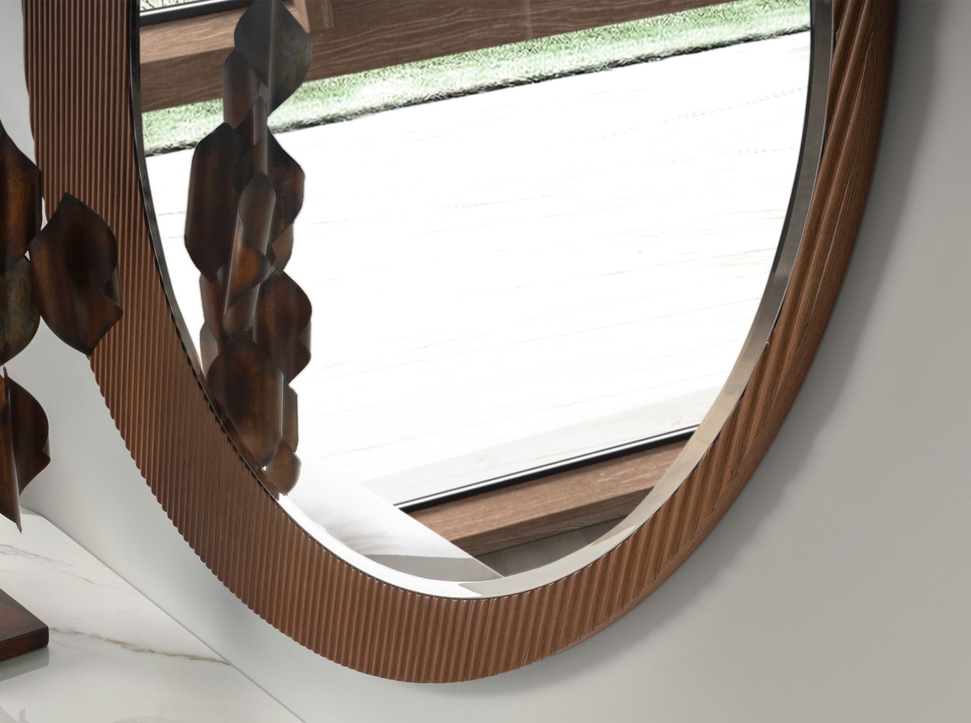 Round walnut wall mirror