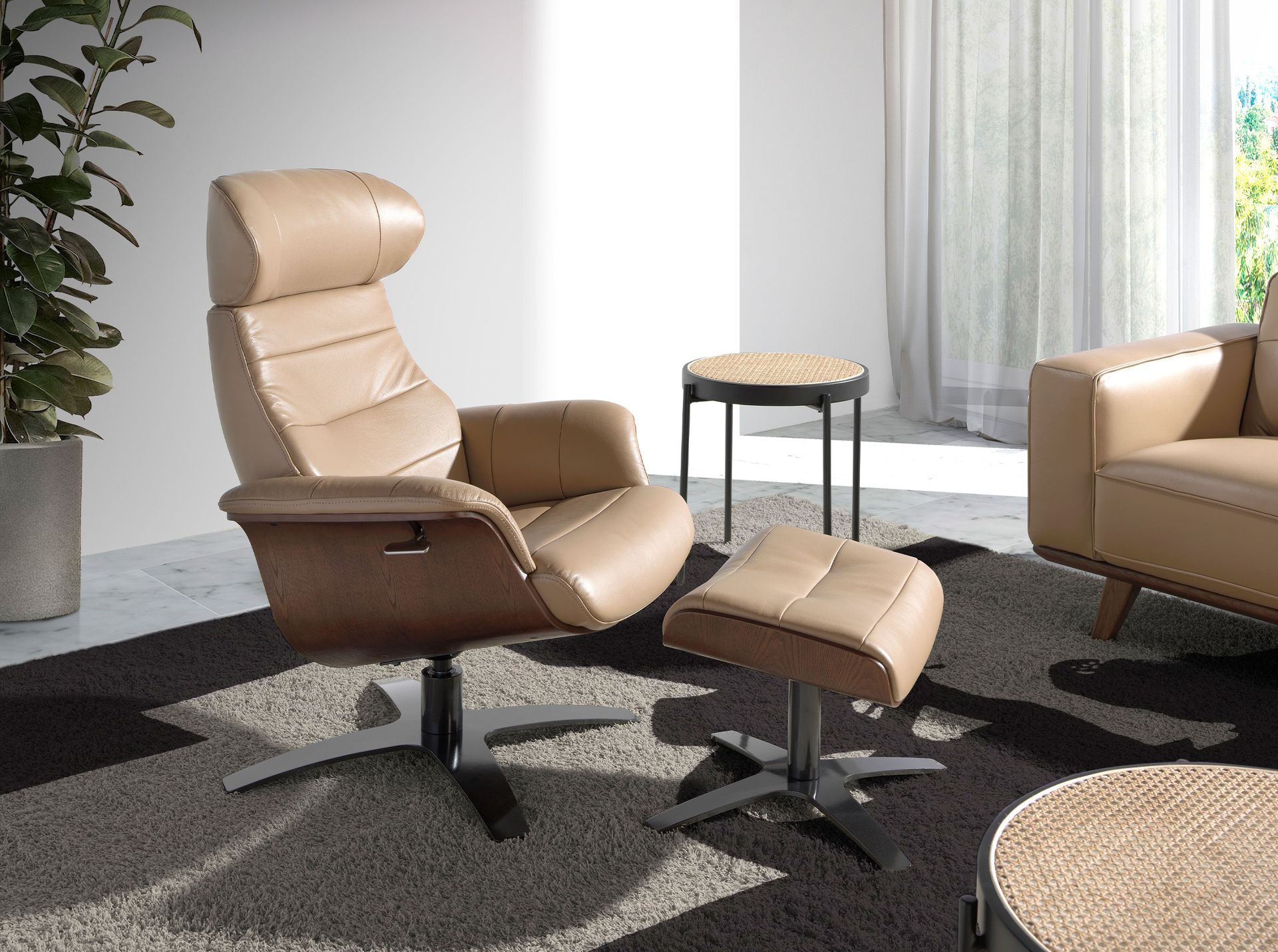 Sand leather swivel recliner armchair