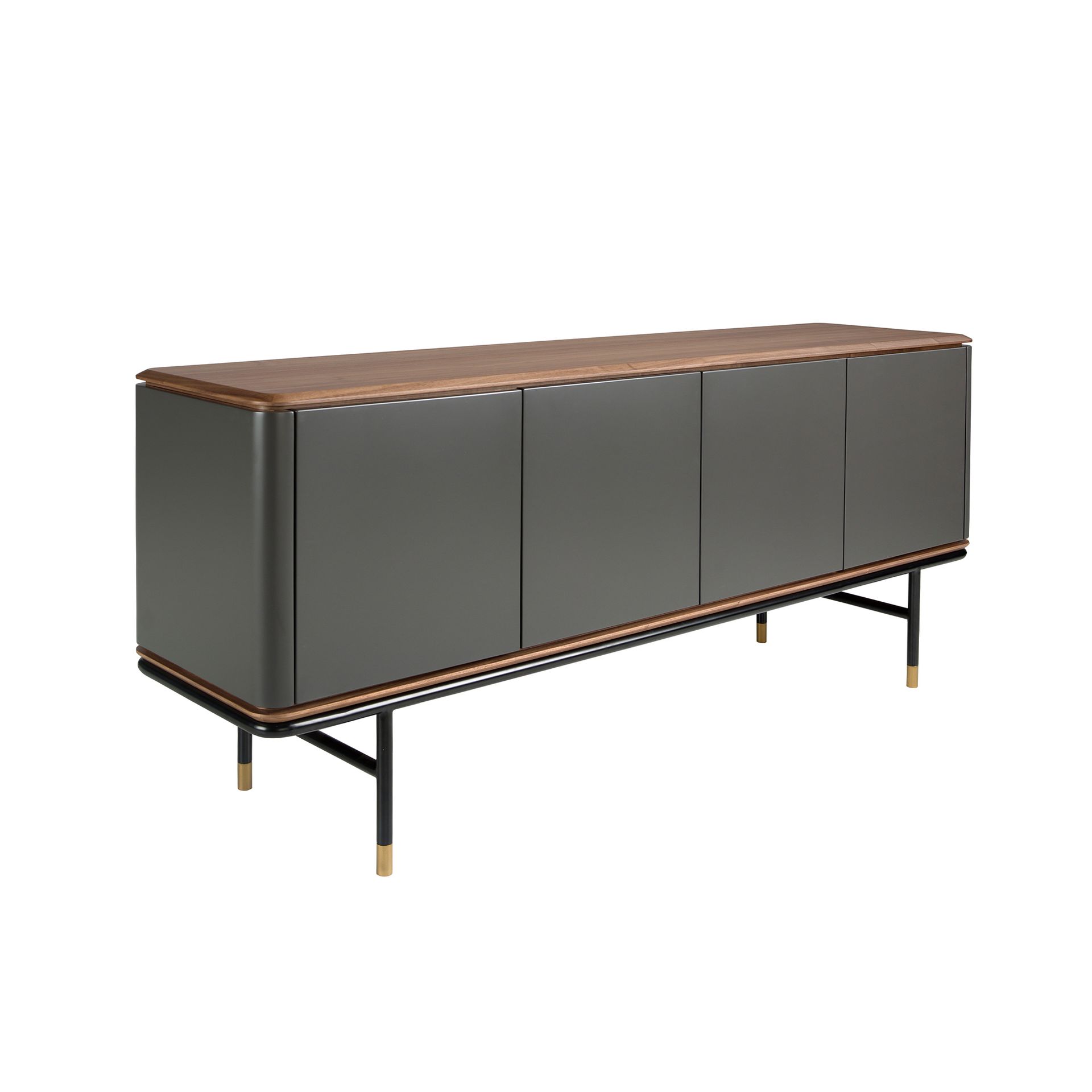 Sideboard in dark grey wood, black steel and walnut top