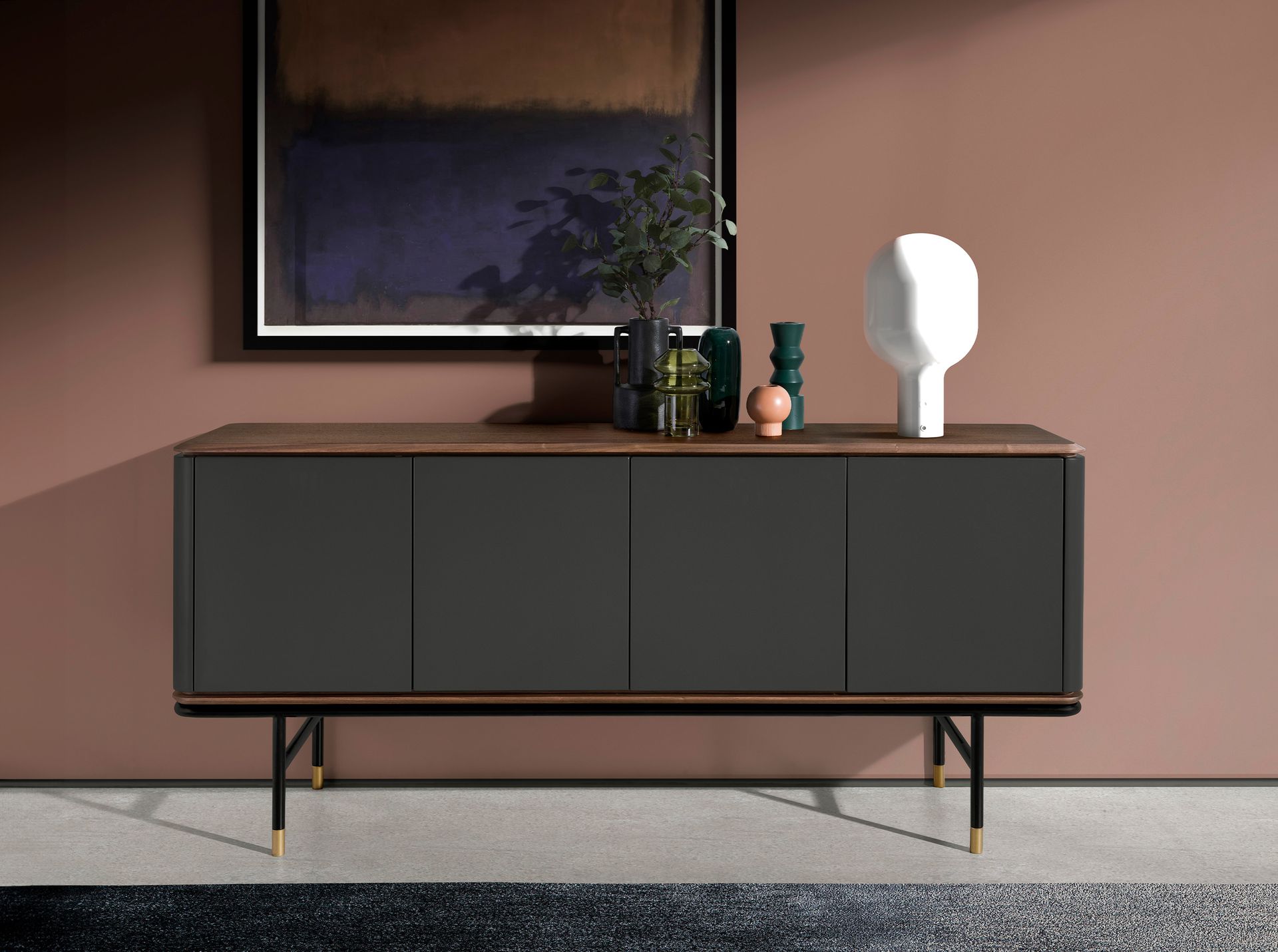 Sideboard in dark grey wood, black steel and walnut top