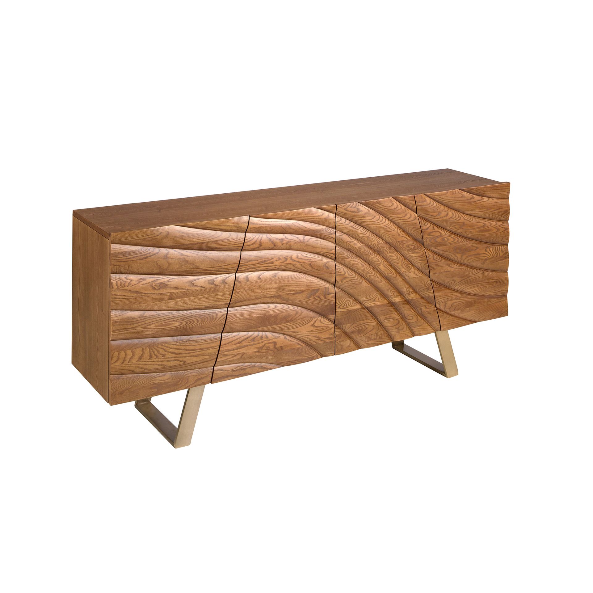 Sideboard in light walnut and polished gold-coloured steel